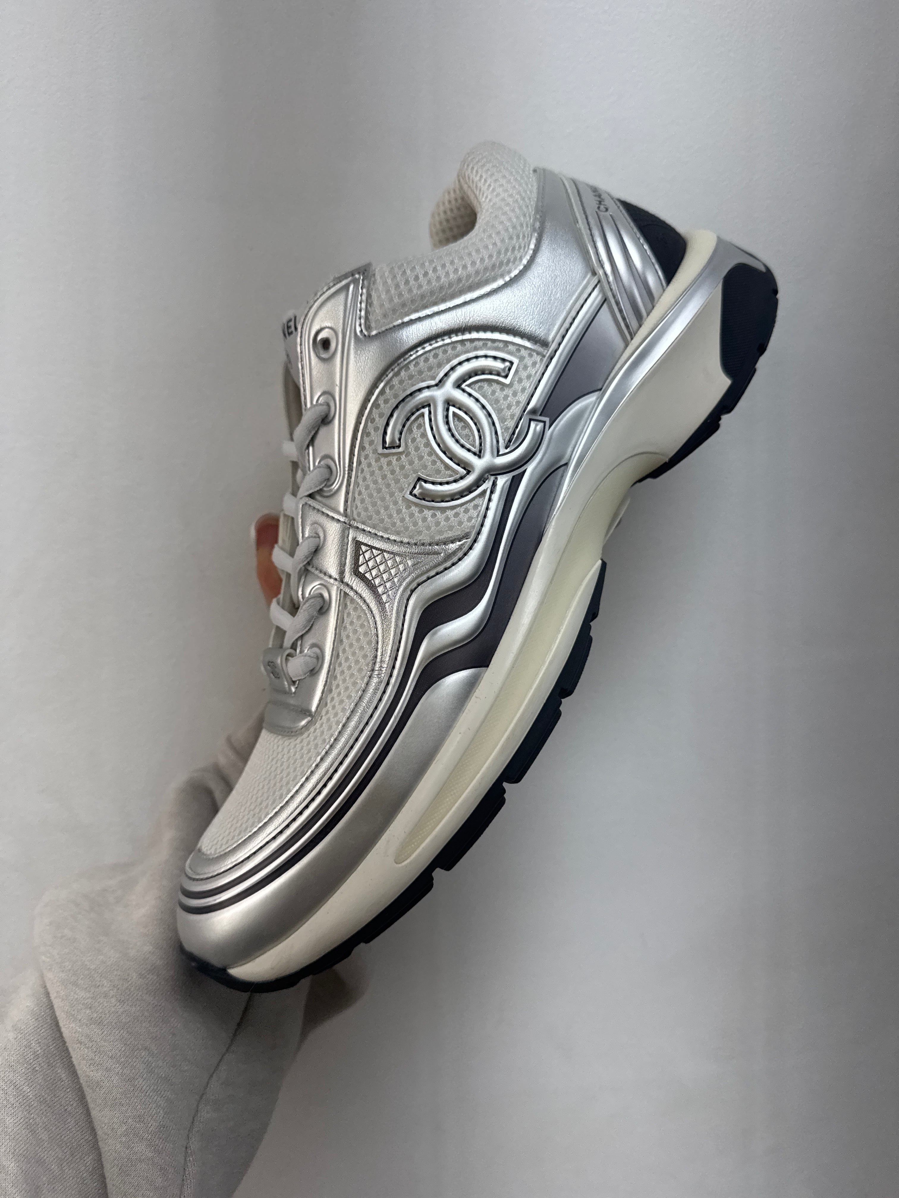 Chanel Silver White CC Runner Sneakers
