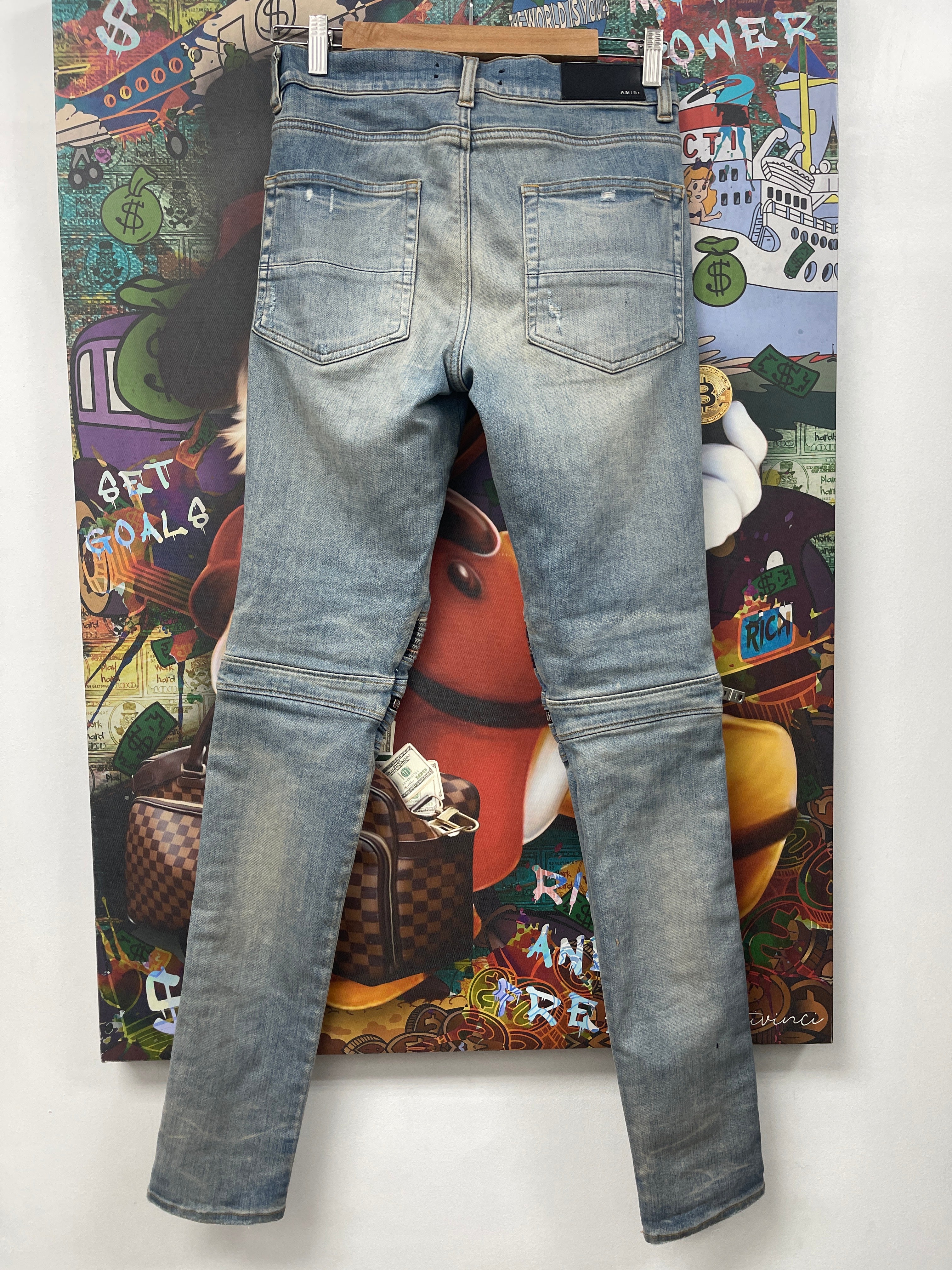 Amiri MX2 Light Wash Orange Blue Plaid Patch Jeans