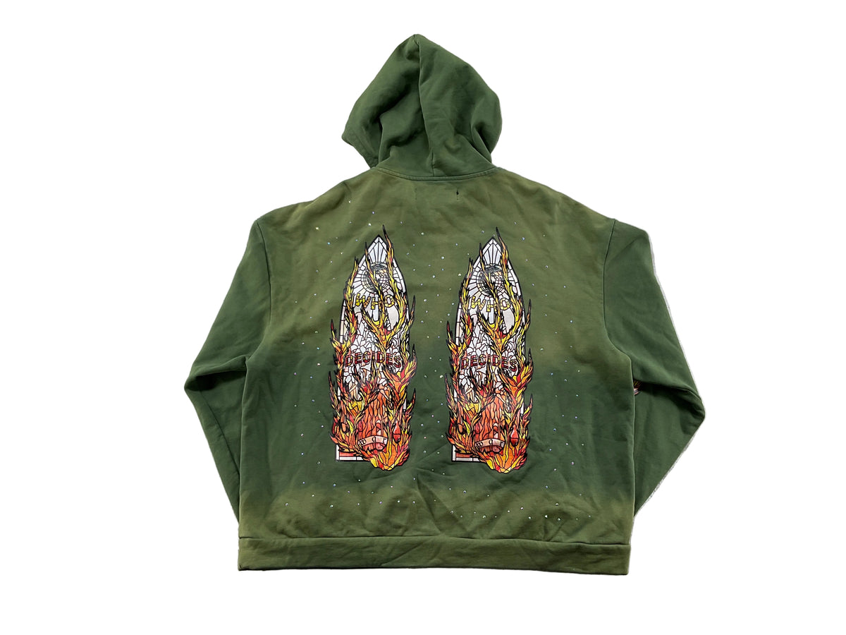Who Decides War Green Flames Glass Hoodie