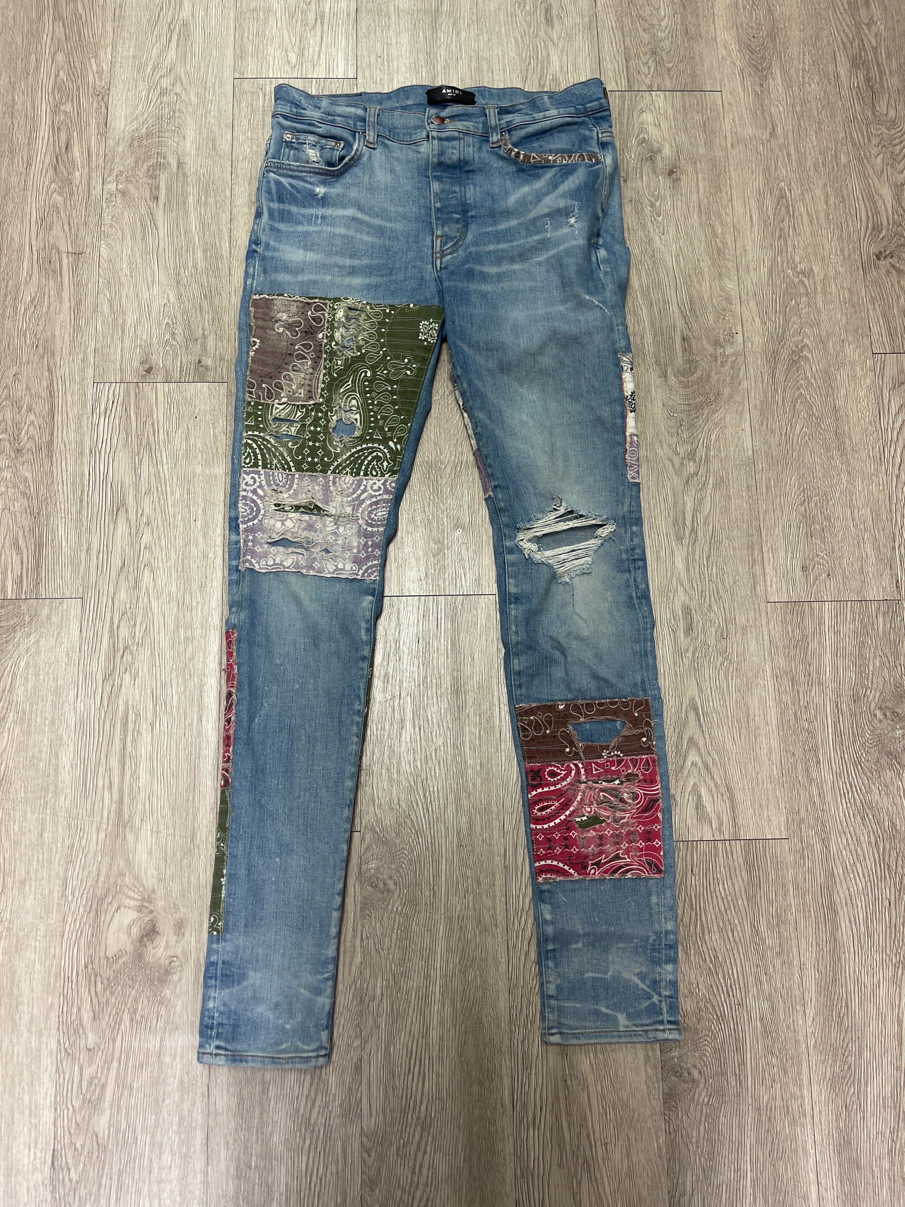 Amiri Light Wash Multi Distressed Paisley Patchwork Jeans