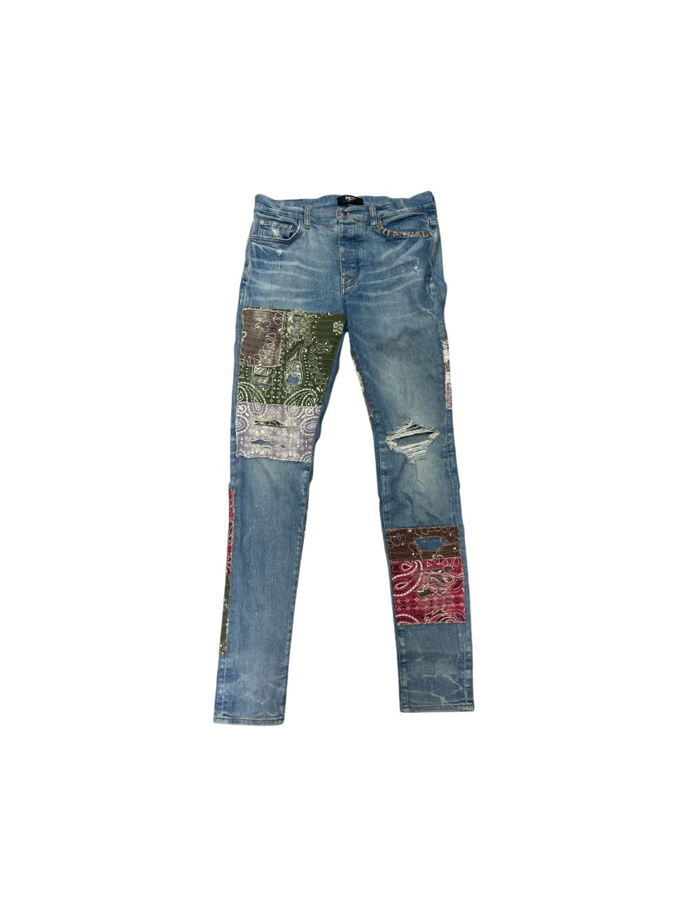 Amiri Multi Distressed Paisley Patchwork Light Wash Jeans