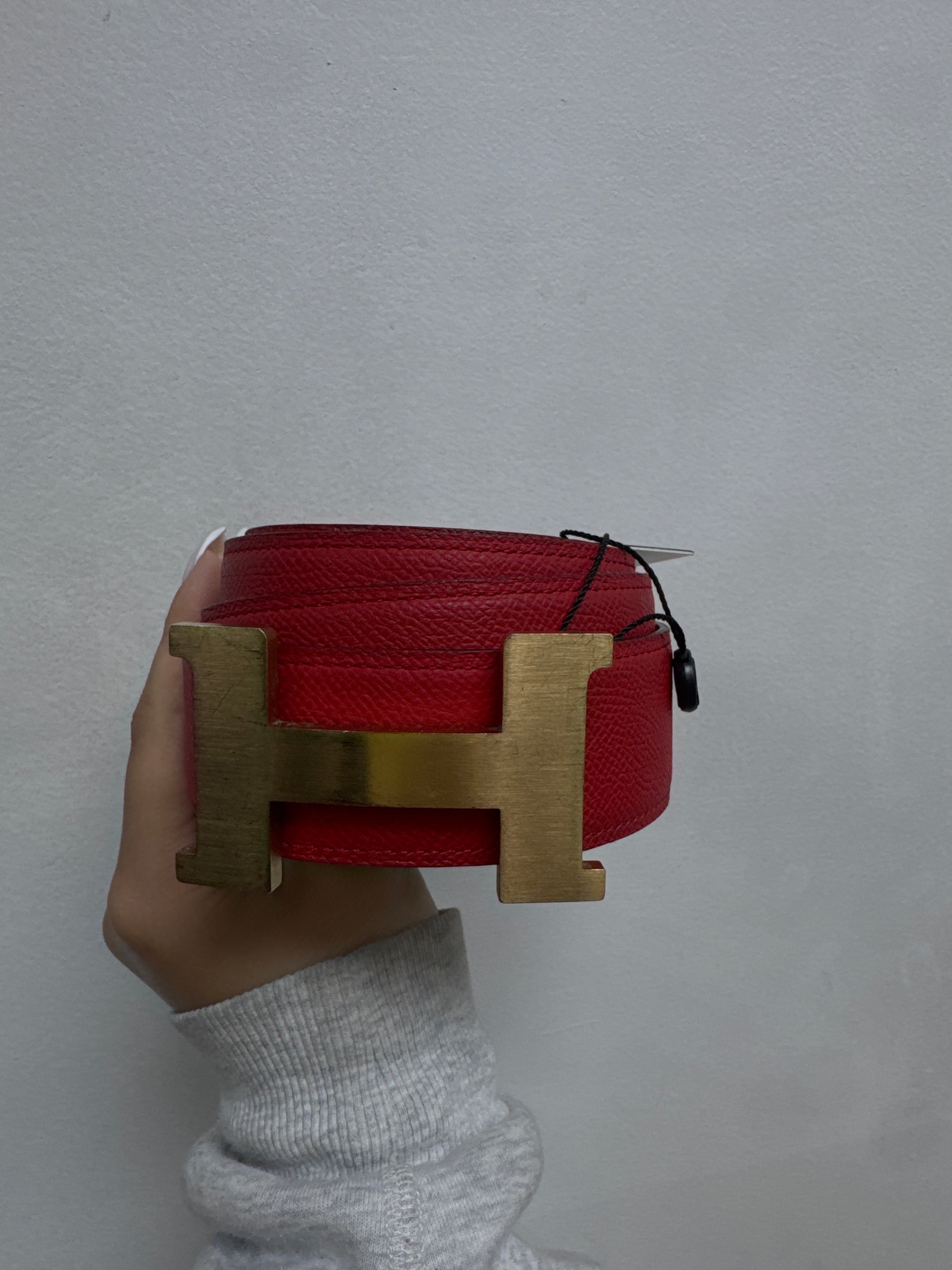 Hermes Red Tan Reversible Gold Buckle Belt