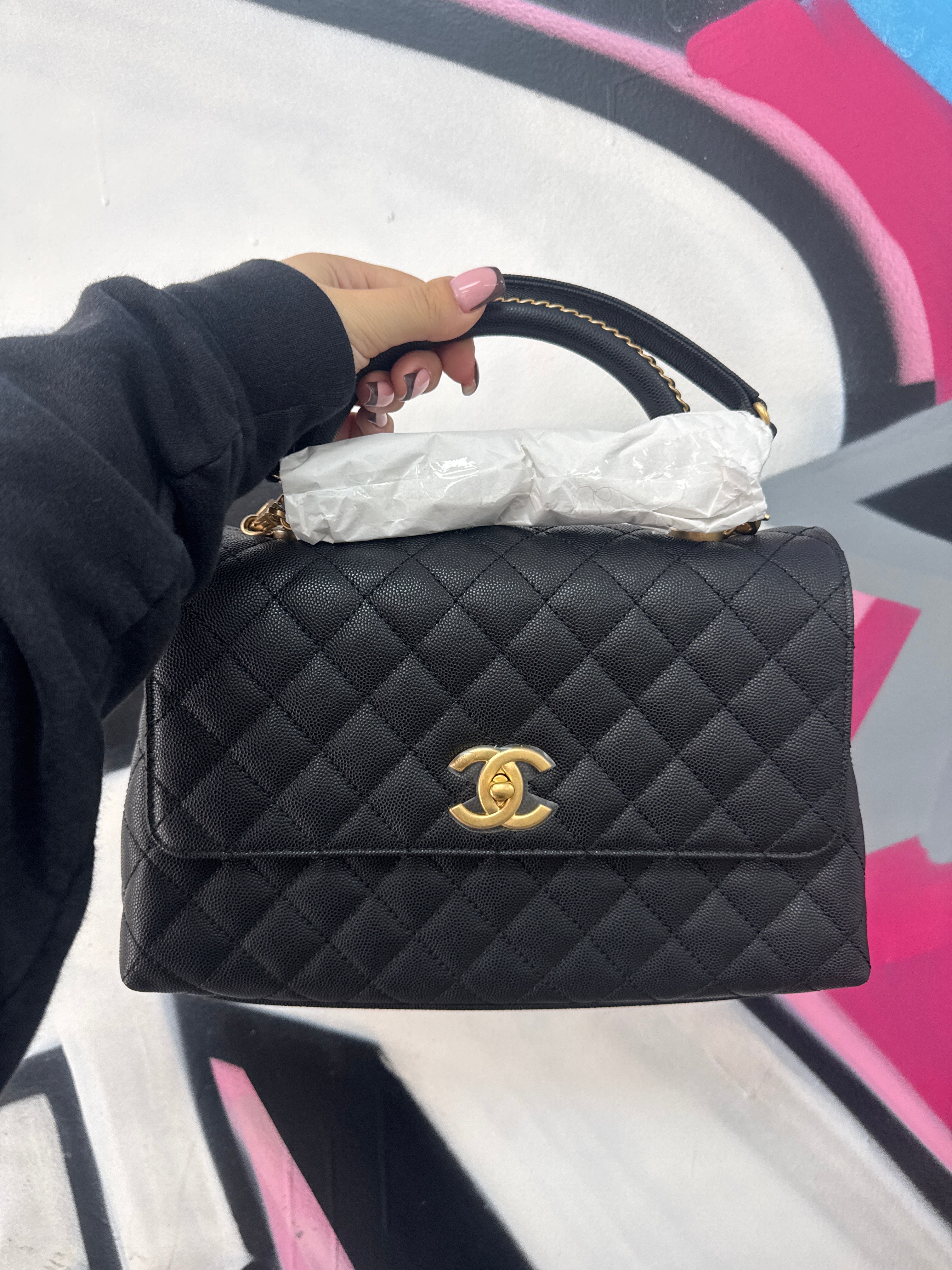 Chanel Black Caviar Quilted Handle Flap Bag