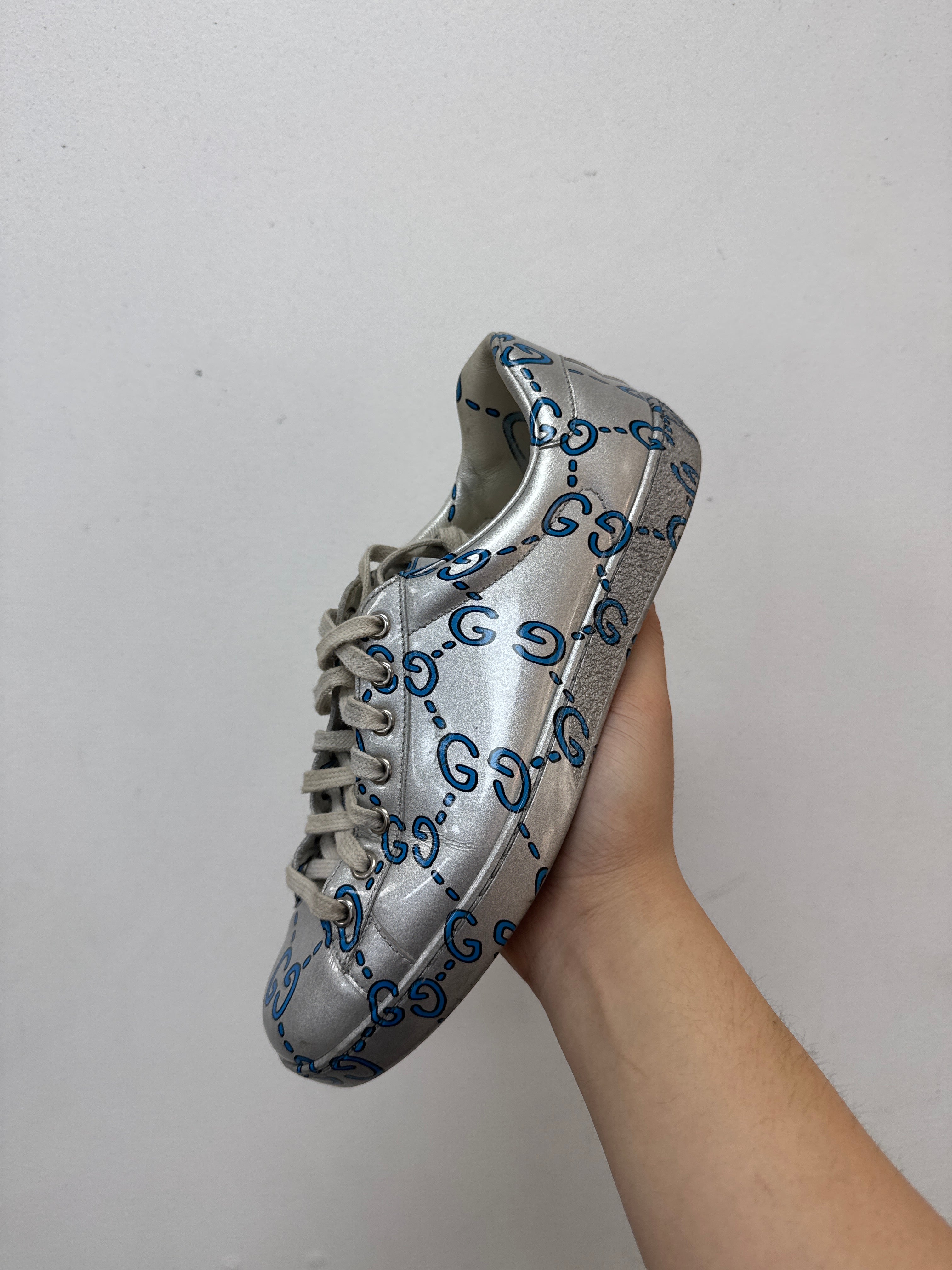 Gucci Silver Blue Monogram Ace Sneakers