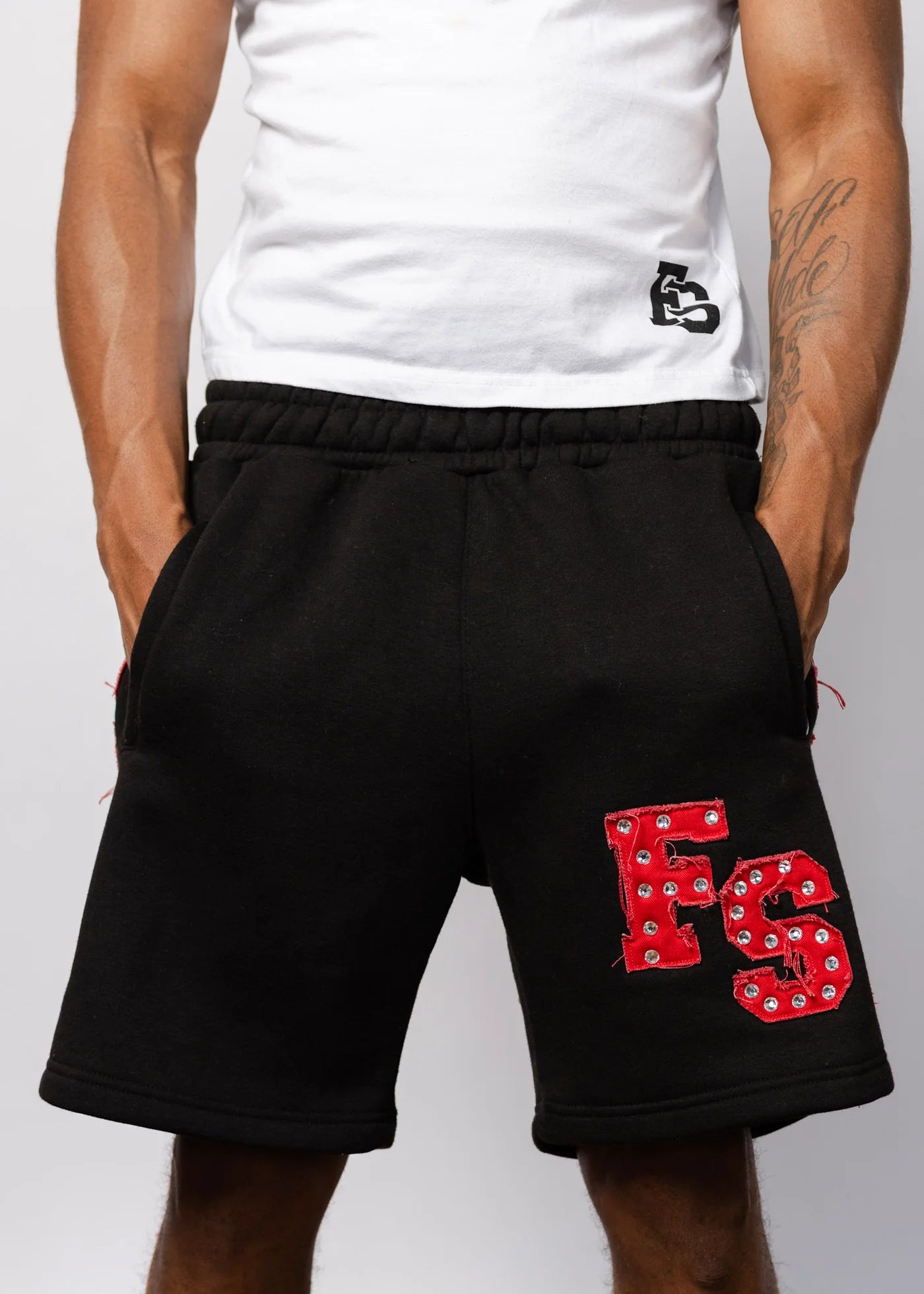 Forever Situated 'Rhinestone Logo' Black & Red Shorts