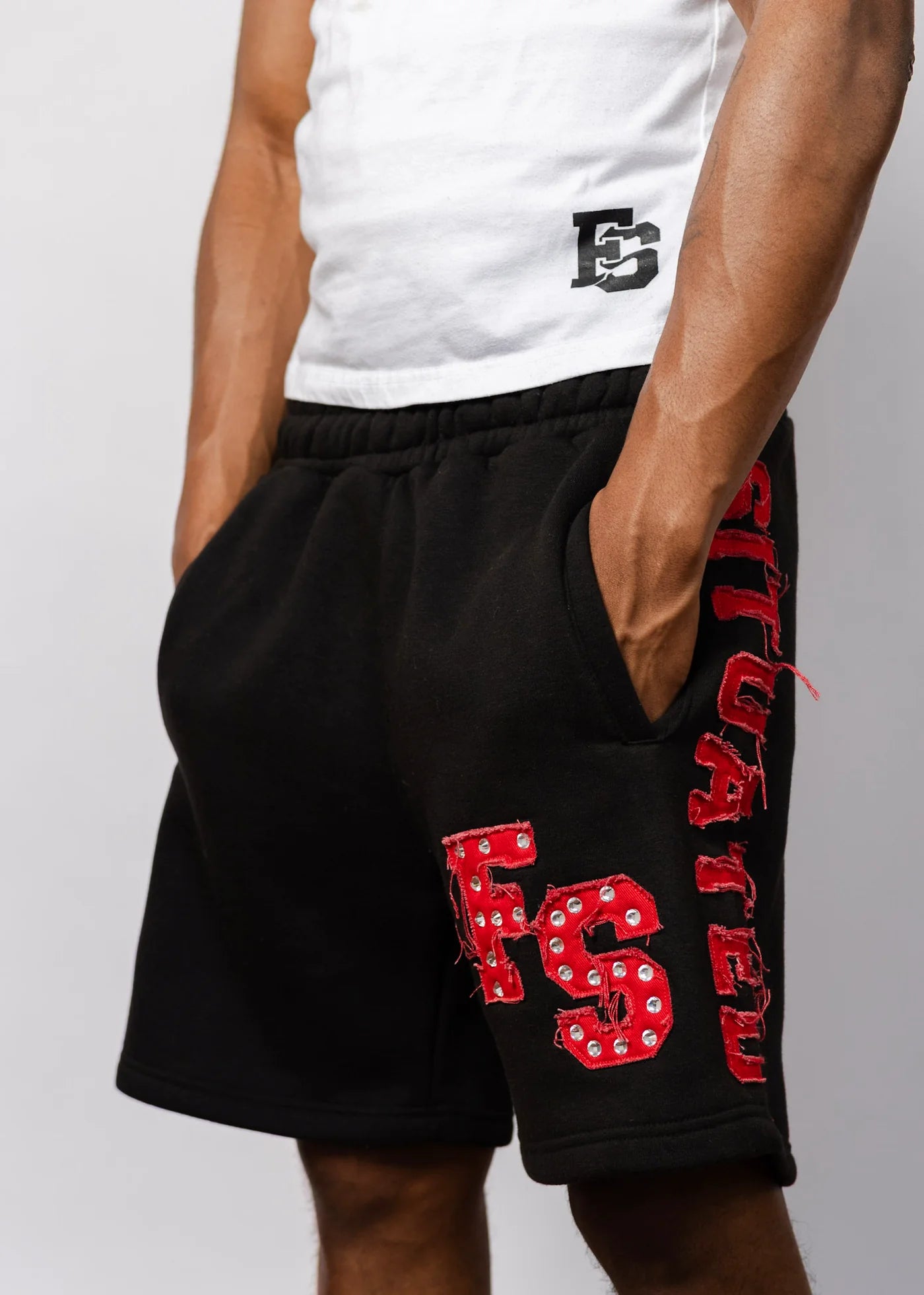 Forever Situated 'Rhinestone Logo' Black & Red Shorts