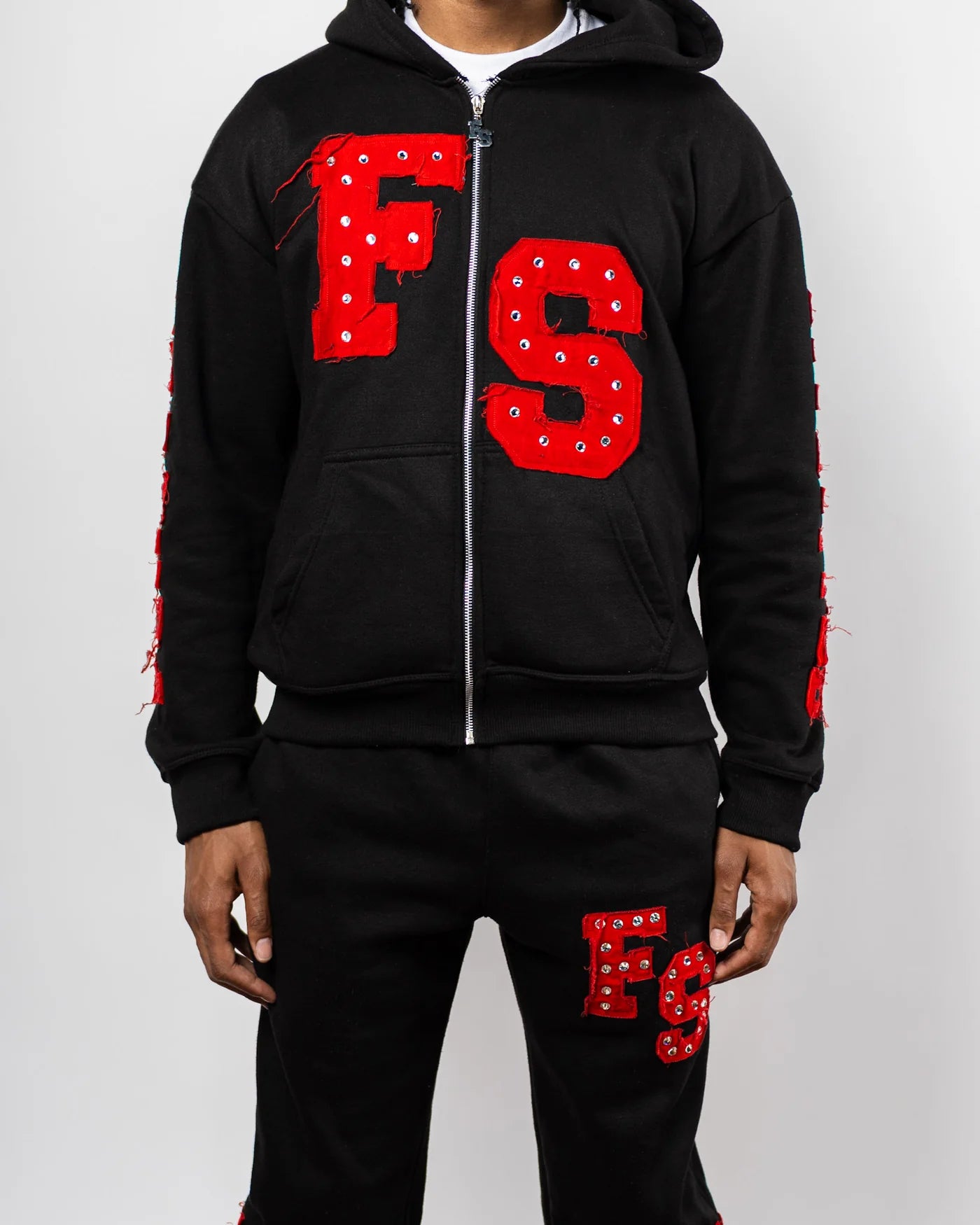 Forever Situated 'Rhinestone Logo' Black & Red Sweatsuit