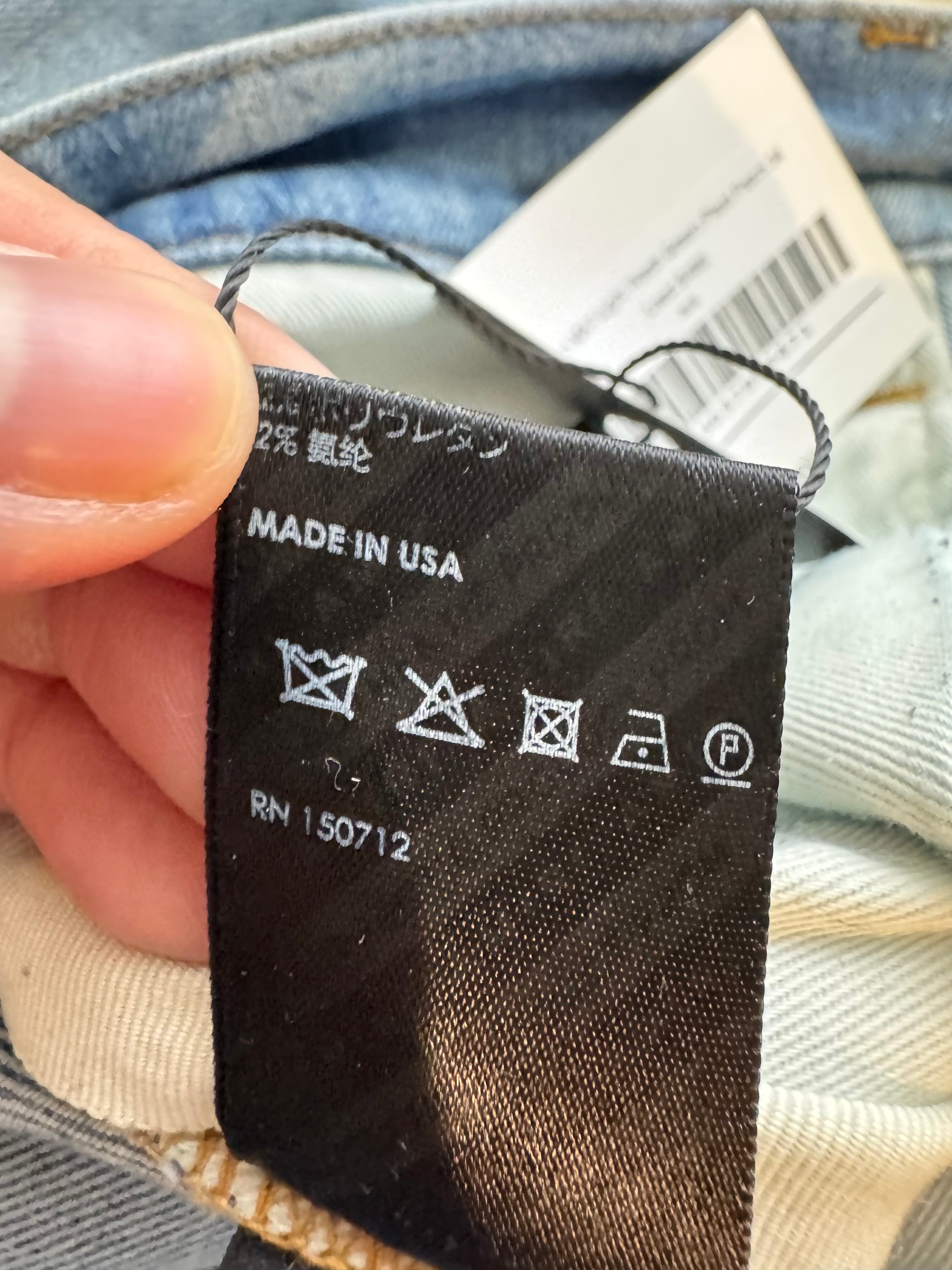 Amiri MX1 Green Plaid Patch Light Wash Blue Jeans