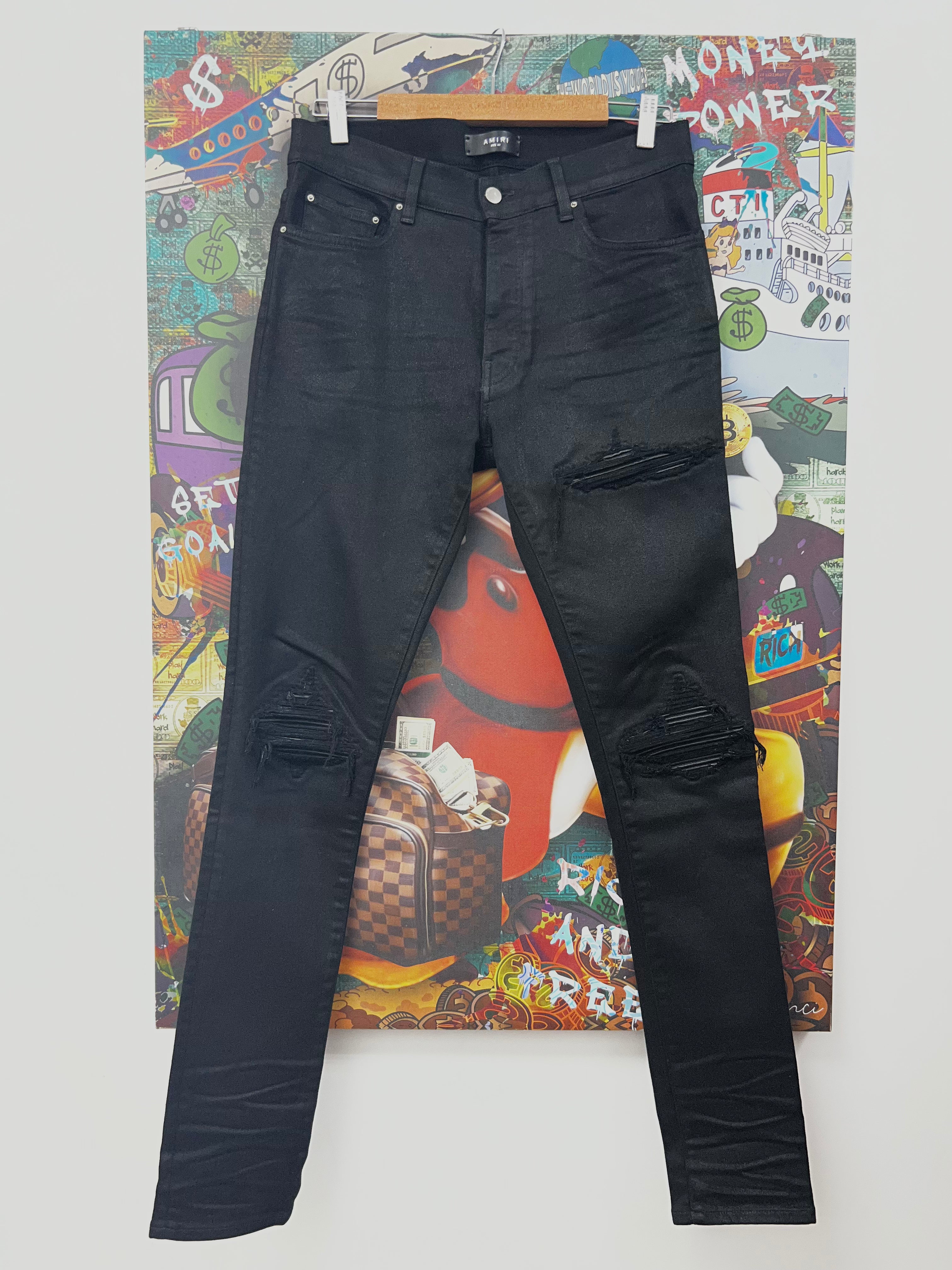 Amiri MX1 Black Black Wax Leather Patch Jeans