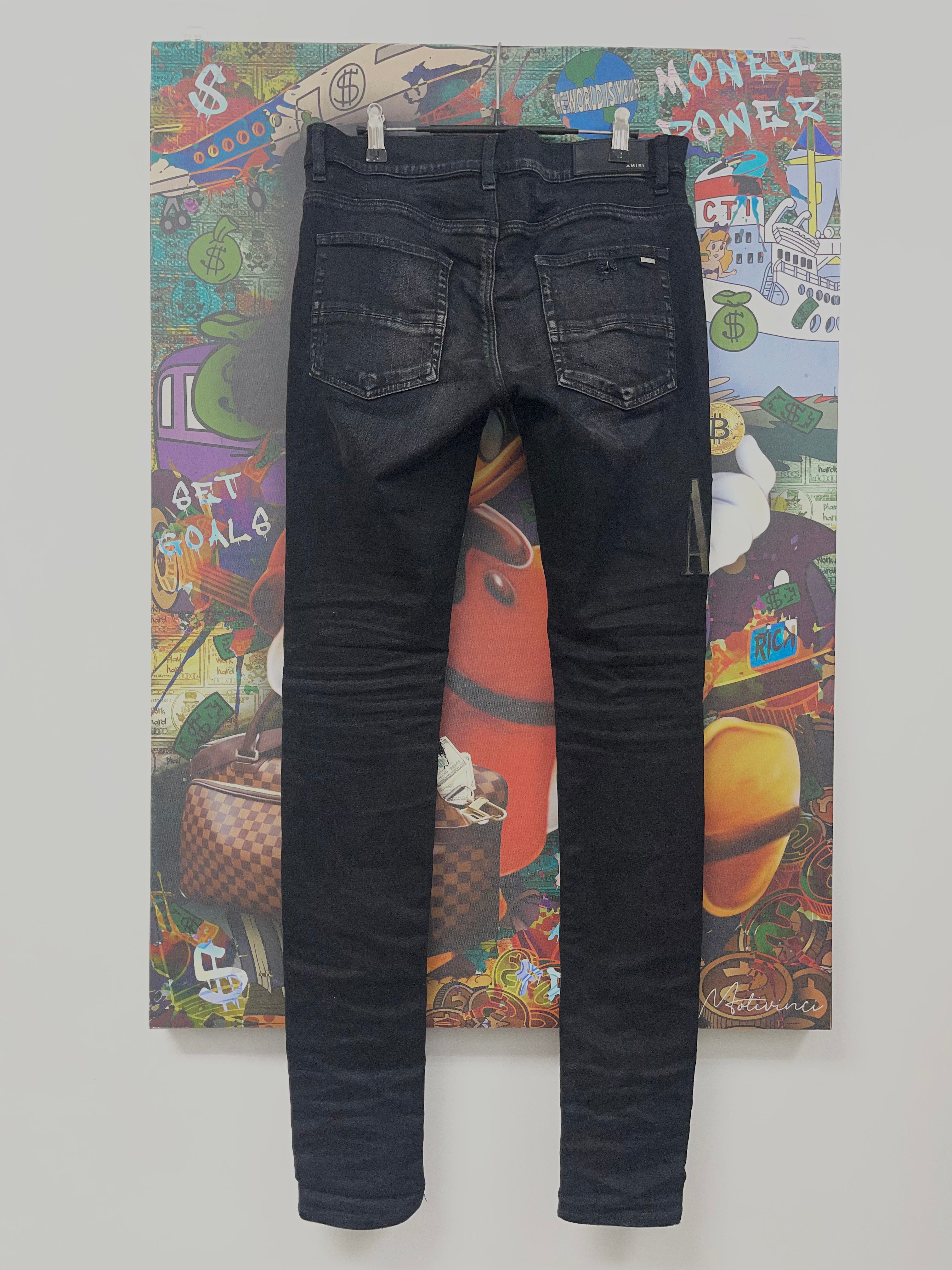 Amiri Black Wash MX1 Camo Leather Patch Jeans