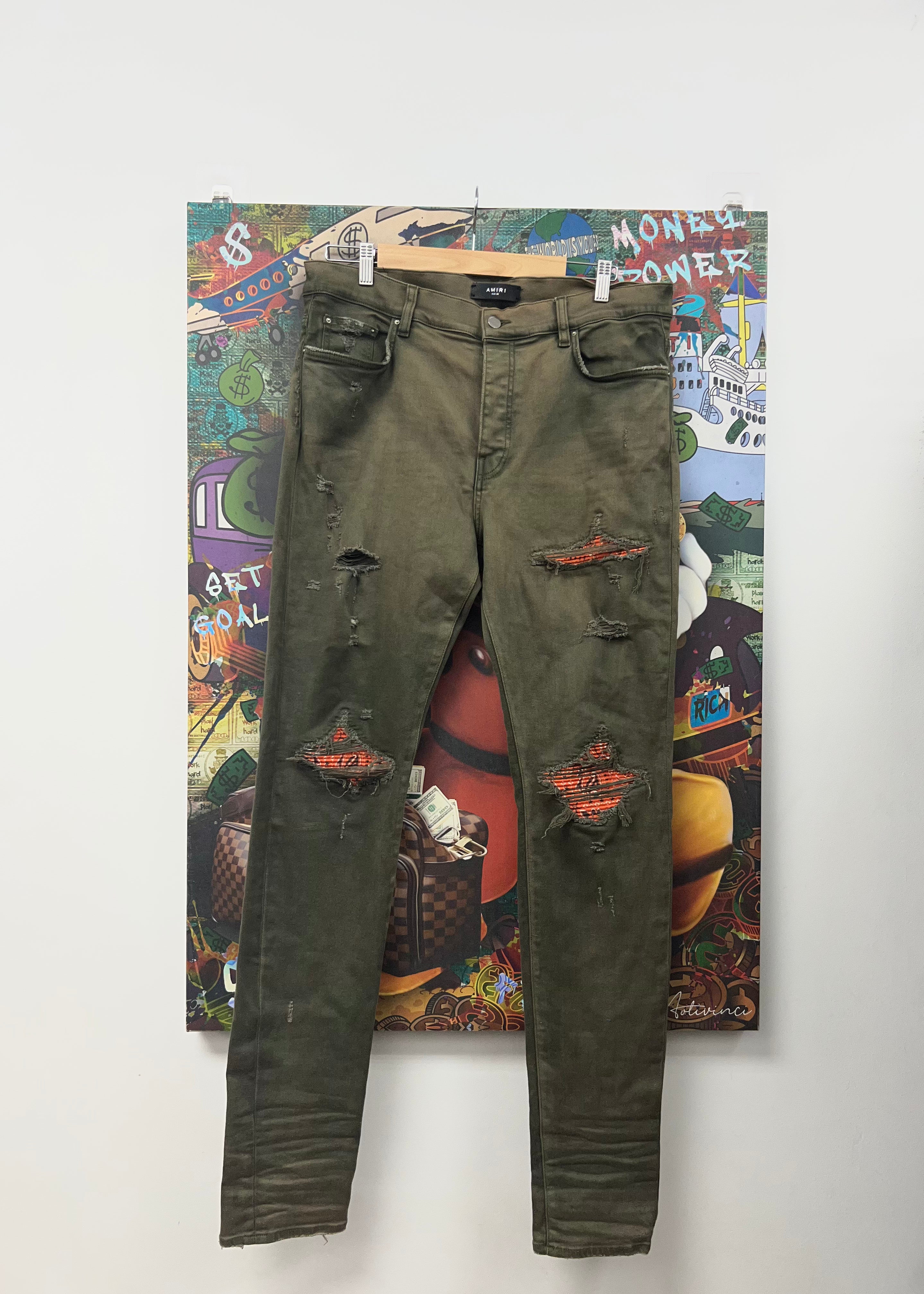 Amiri MX1 Olive Orange Bandana Patch Jeans
