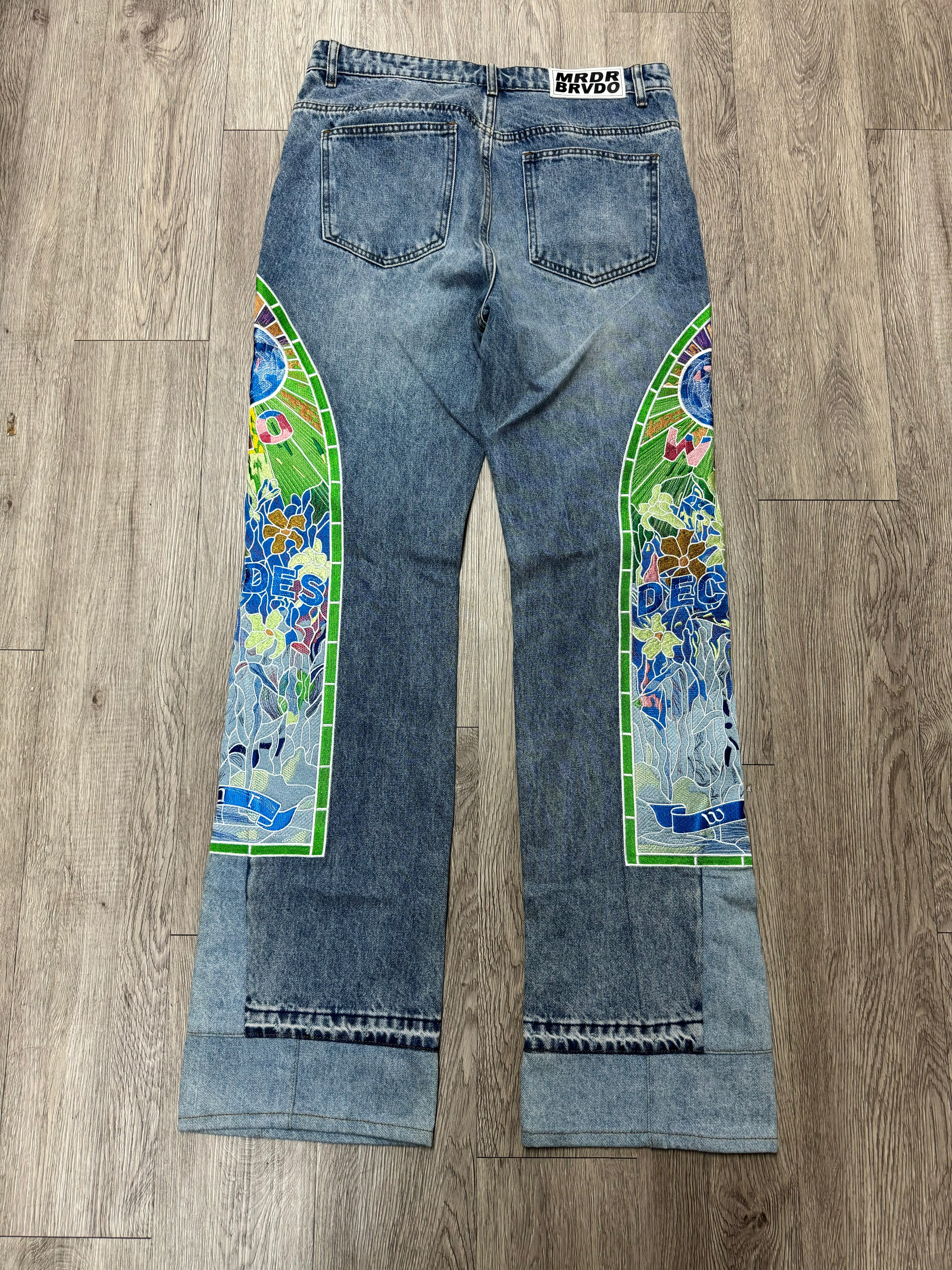 Who Decides War Embroidered Sky Blue Denim Jeans