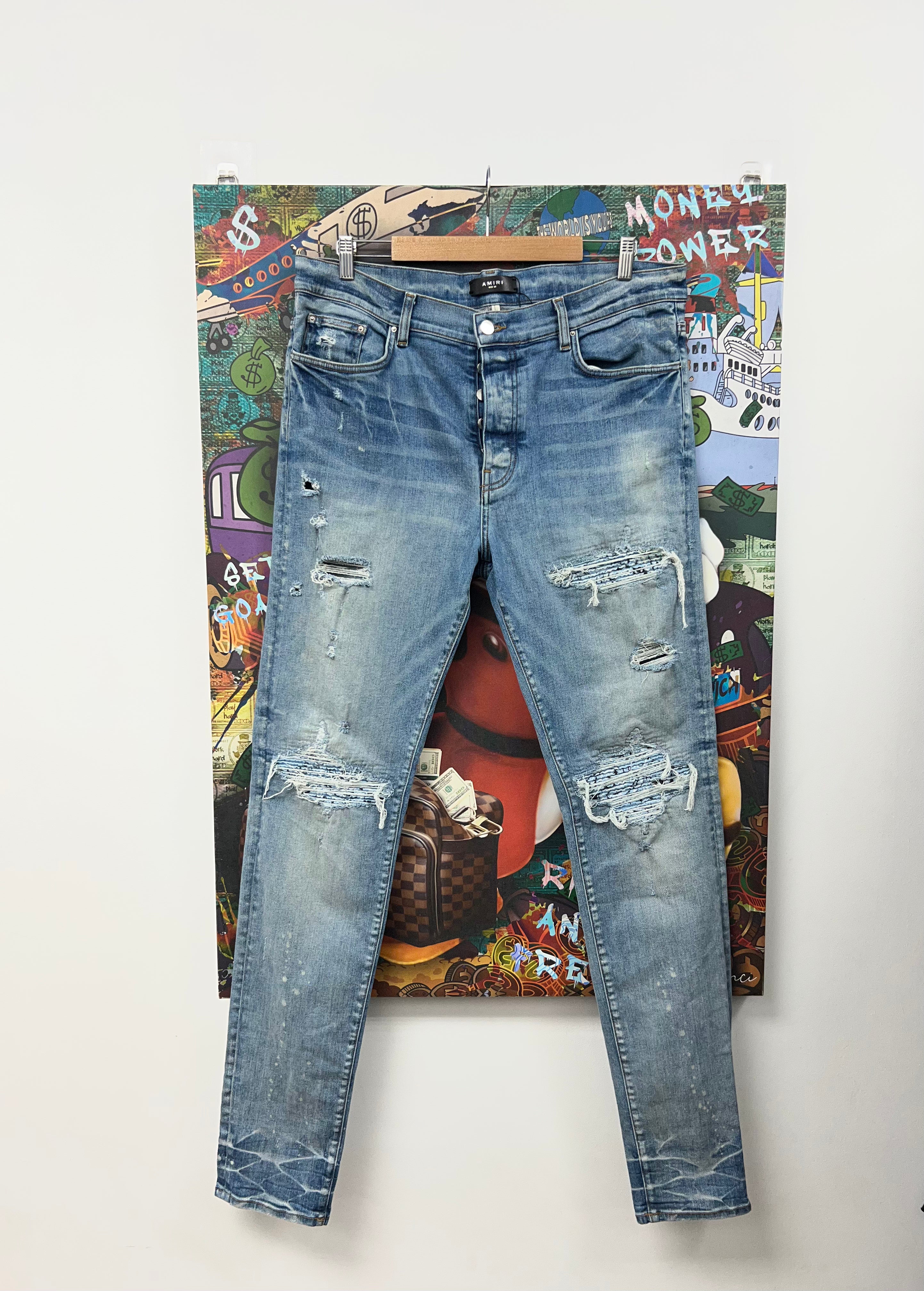 Amiri MX1 Light Wash Baby Blue Paisley Patch Jeans