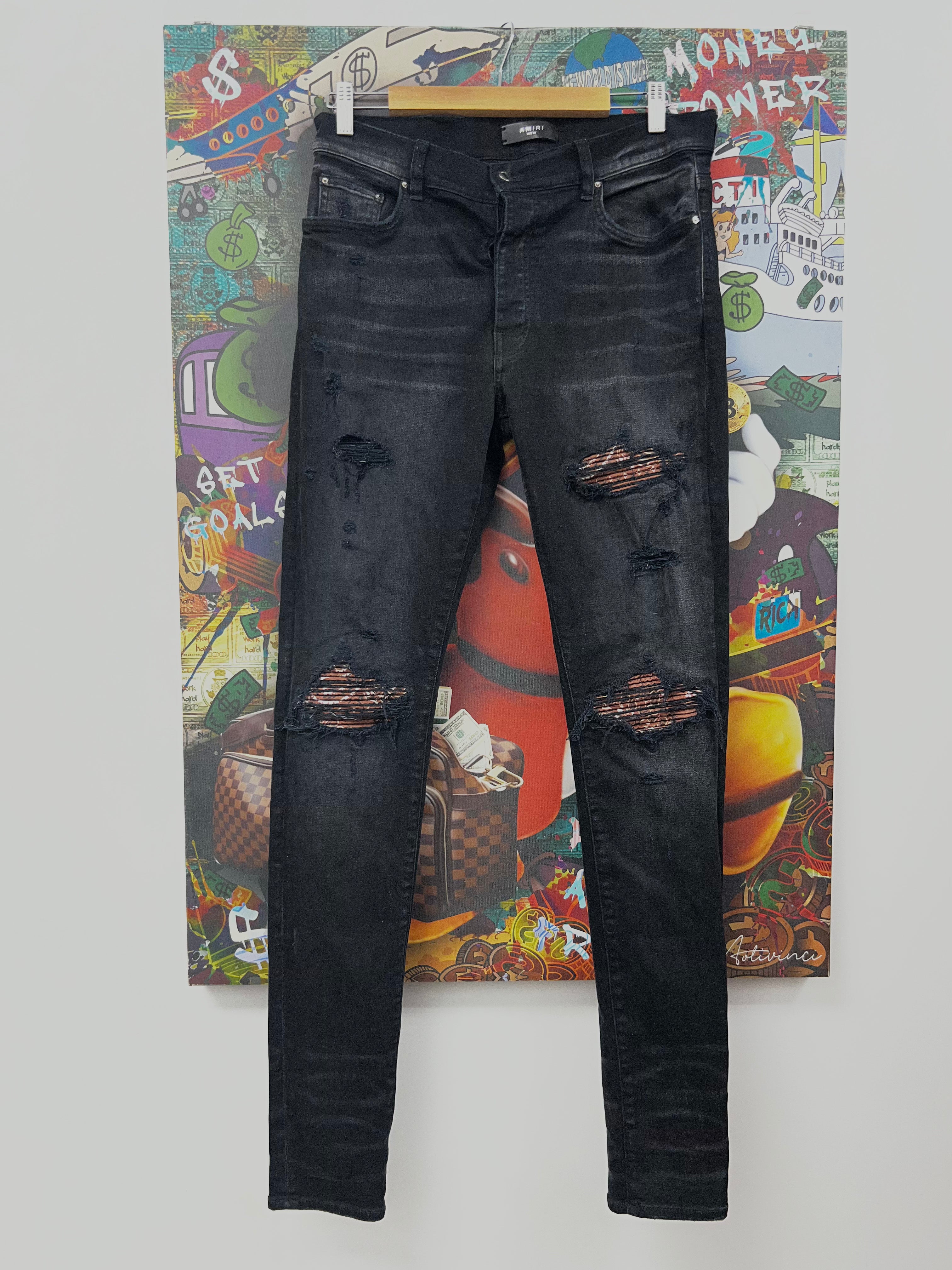 Amiri MX1 Black Wash Brown Paisley Patch Jeans