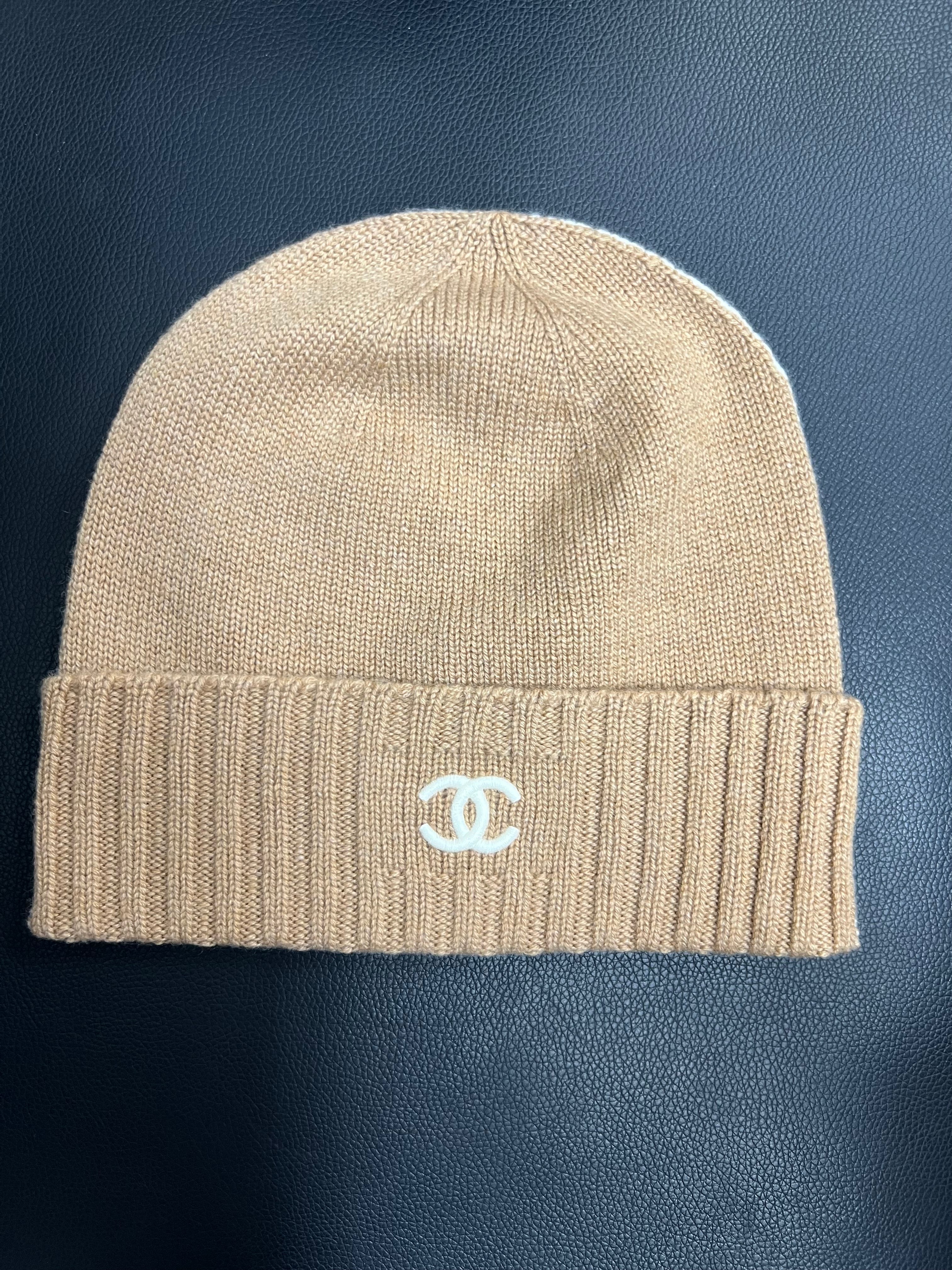 Chanel Tan Cream Knit CC Inverse Logo Beanie