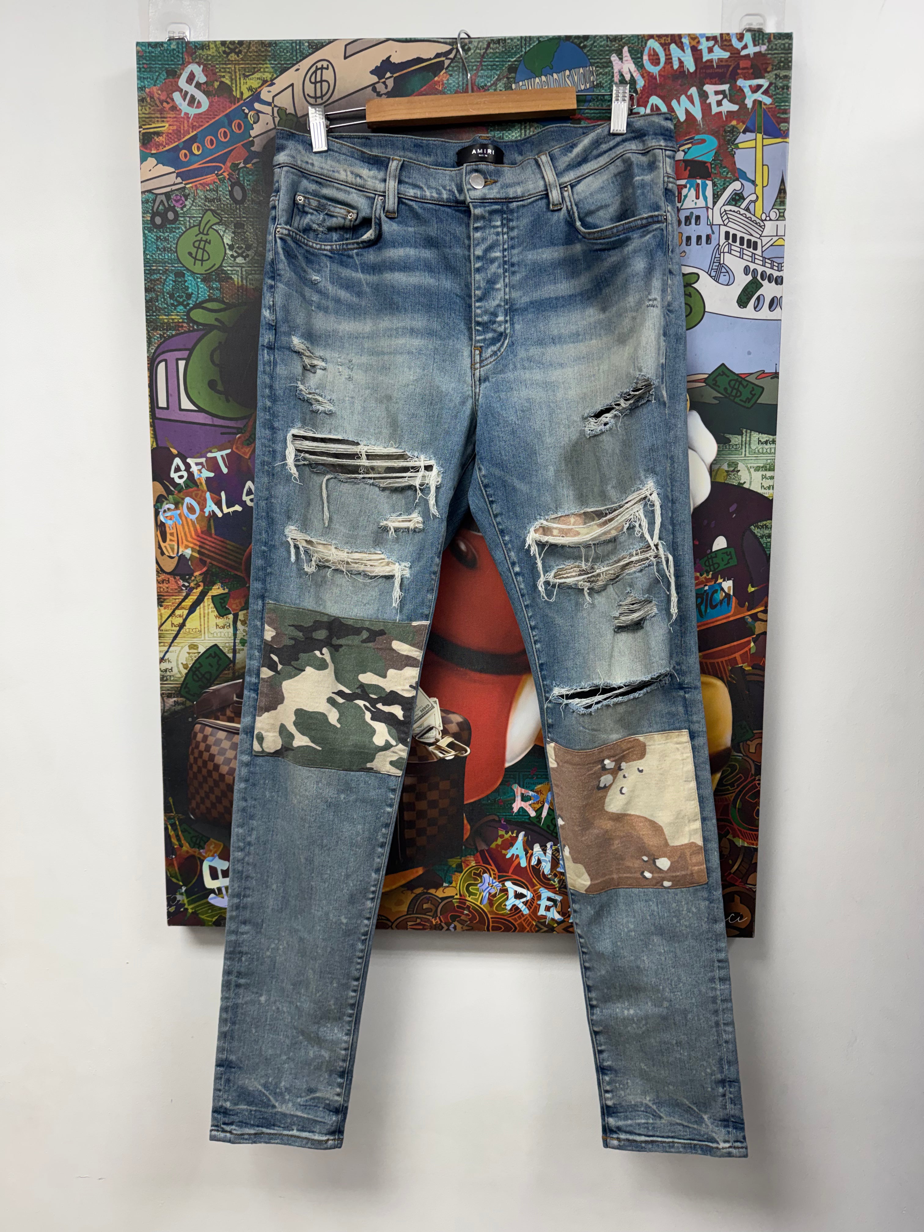 Amiri Light Wash Desert Camo Patchwork Jeans