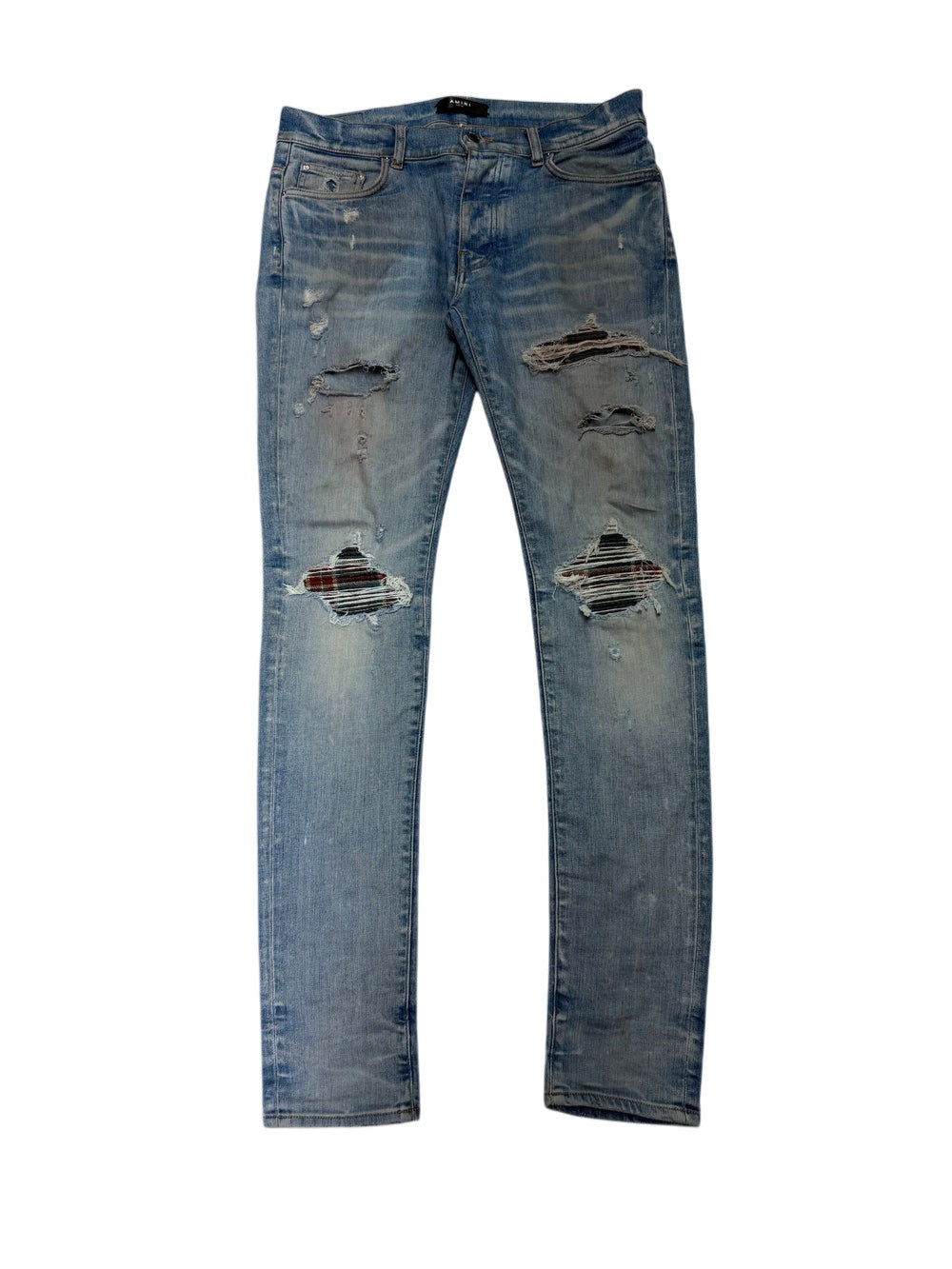 Amiri MX1 Patch Light Wash, Maroon & Blue Jeans