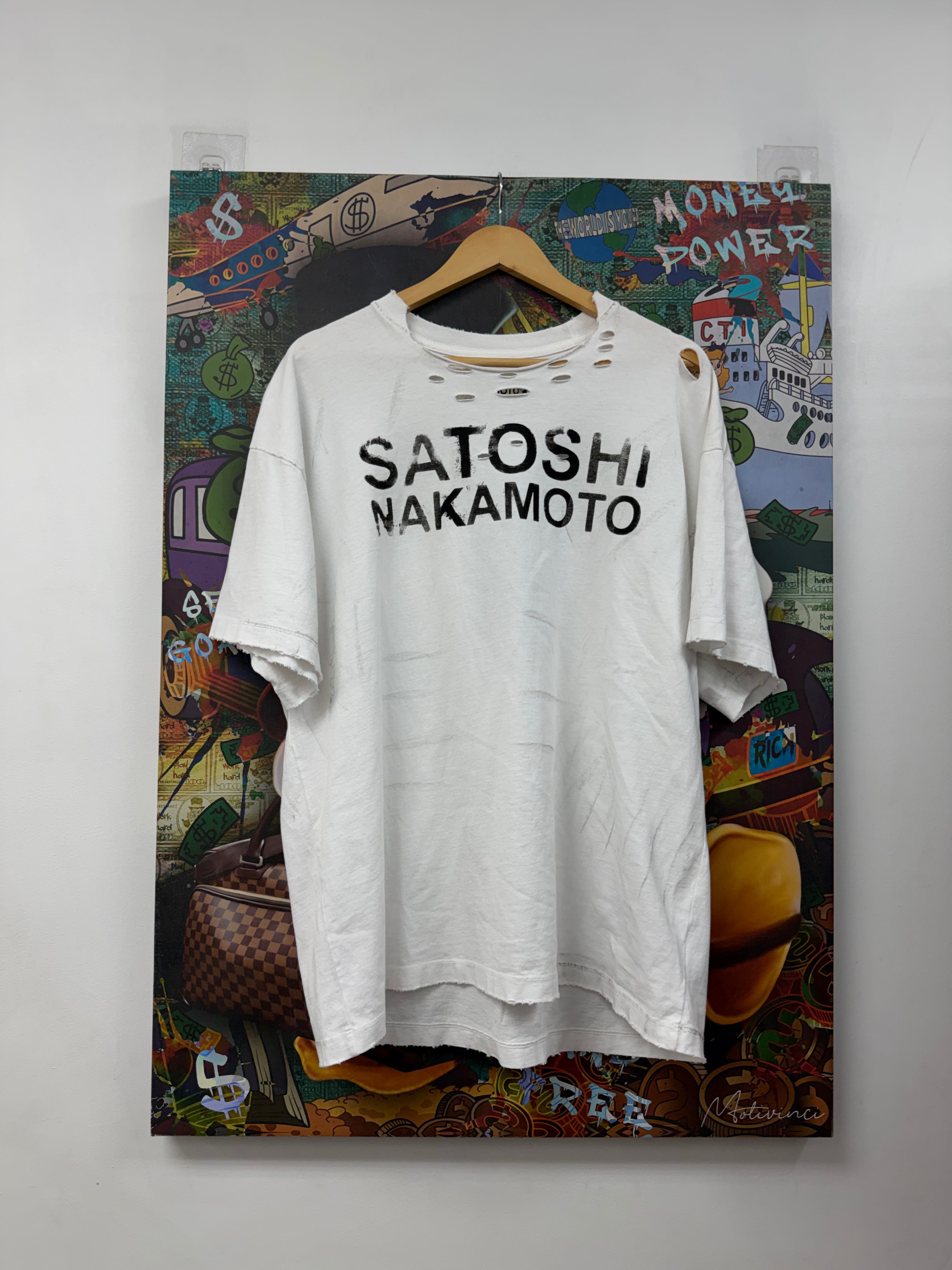Satoshi Nakamoto White Black Distressed Tee