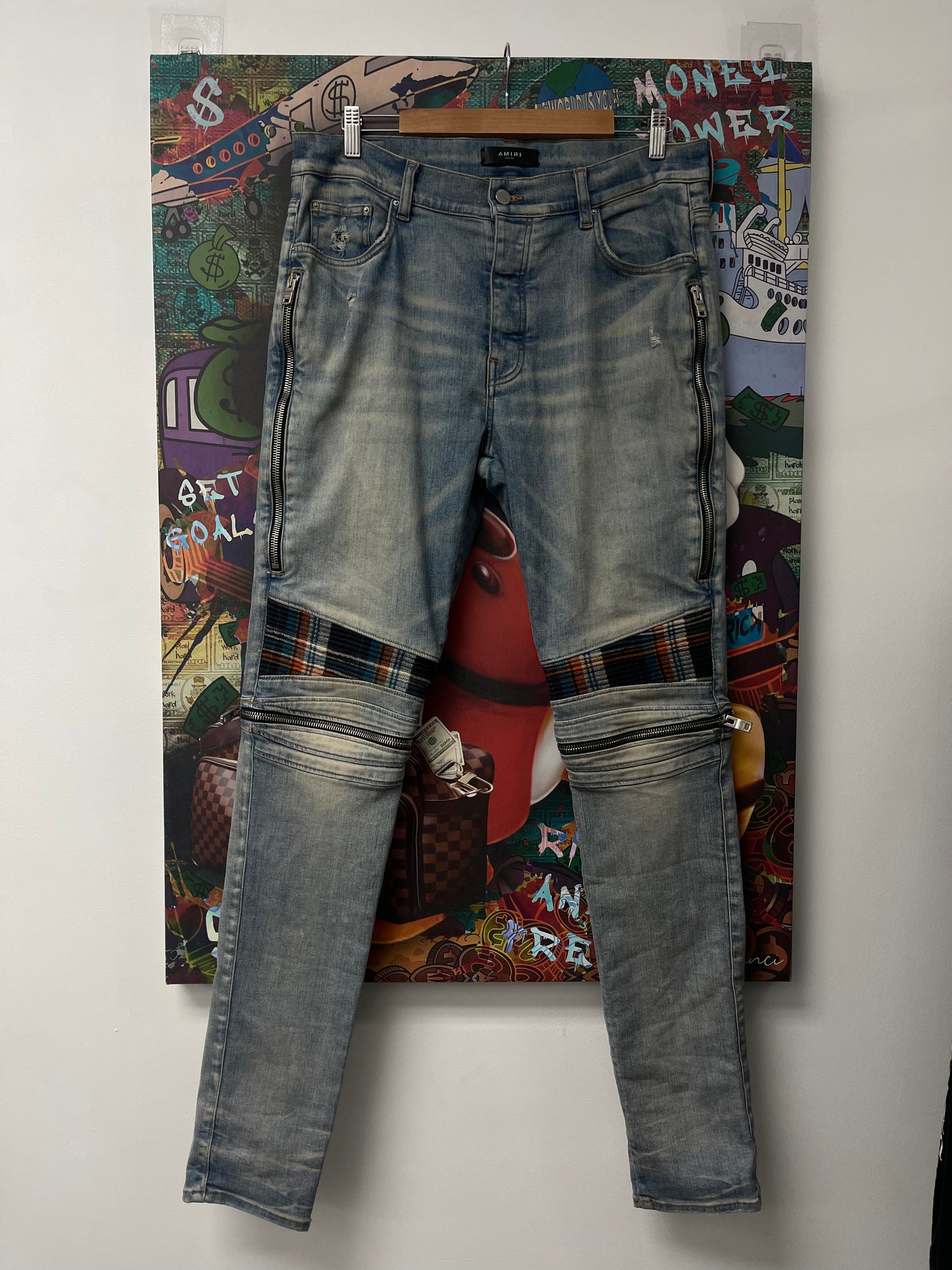 Amiri MX2 Light Wash Orange Plaid Patch Jeans Used