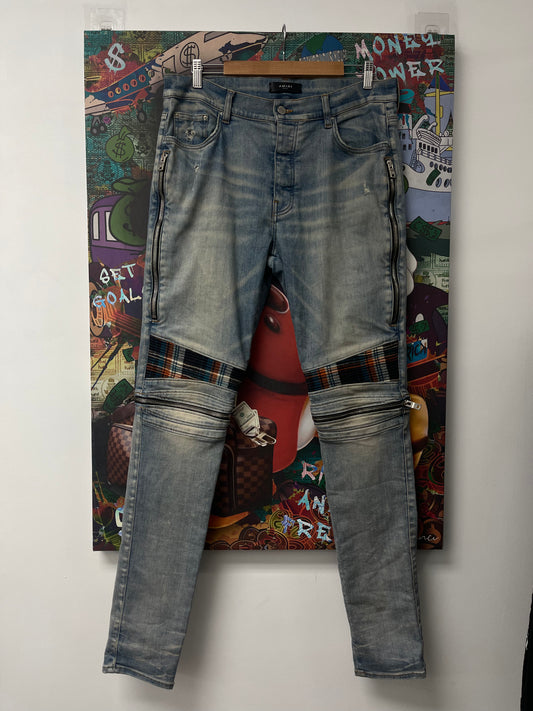 Amiri MX2 Light Wash Orange Plaid Patch Jeans Used