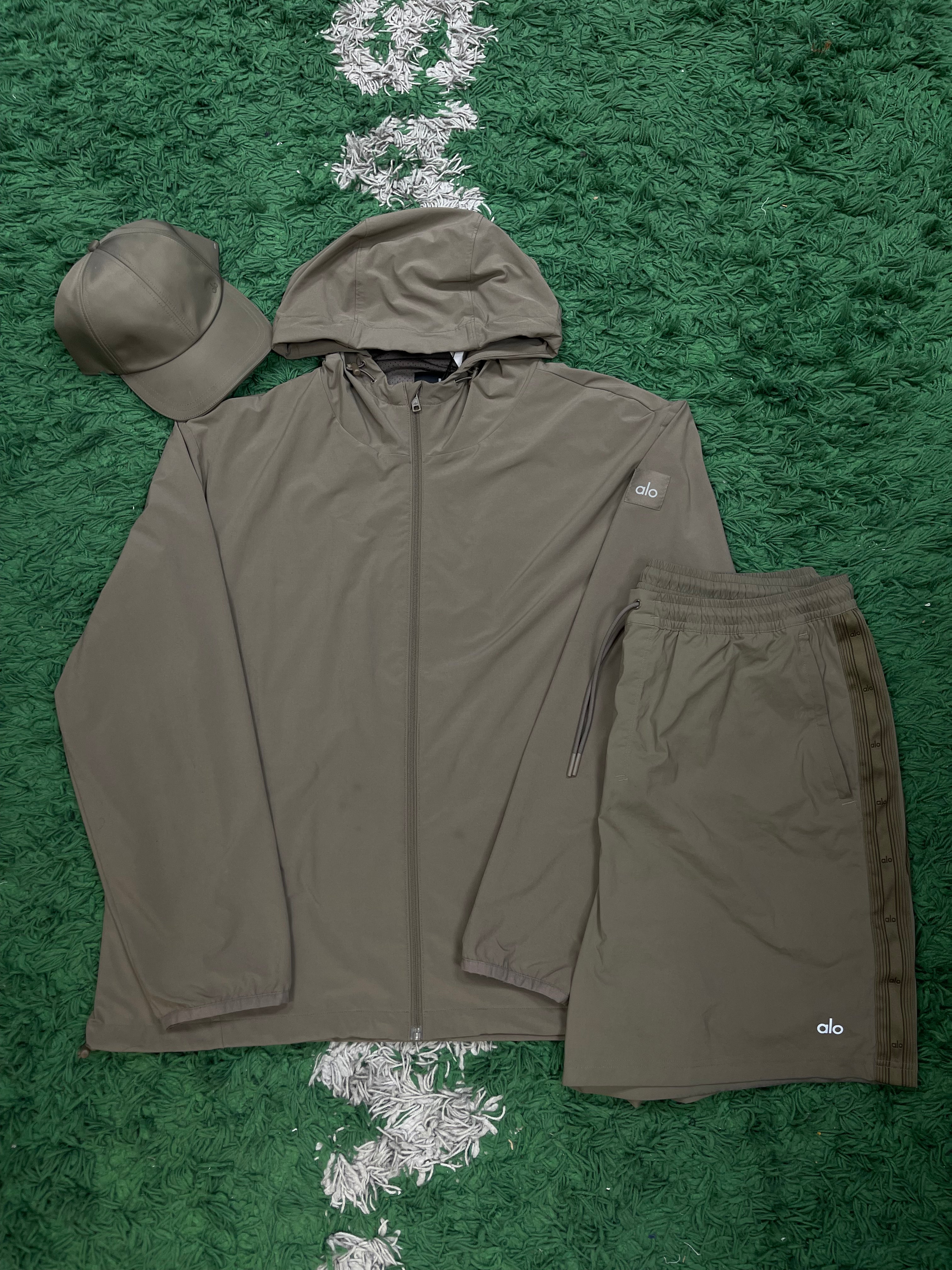 ALO Tan Windbreaker Jacket, Shorts & Hat Set