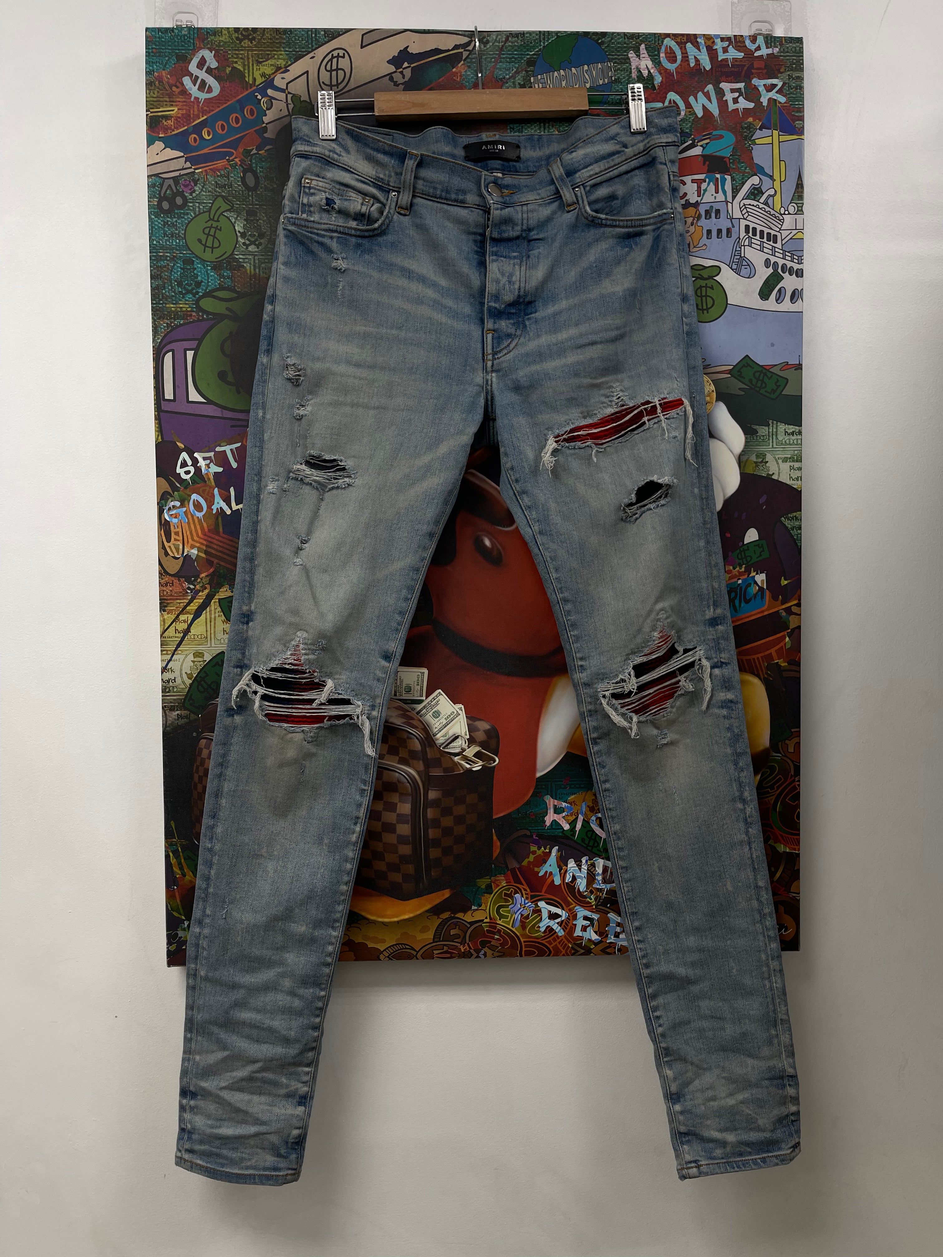 Amiri MX1 Light Wash Navy Red Plaid Patch Jeans