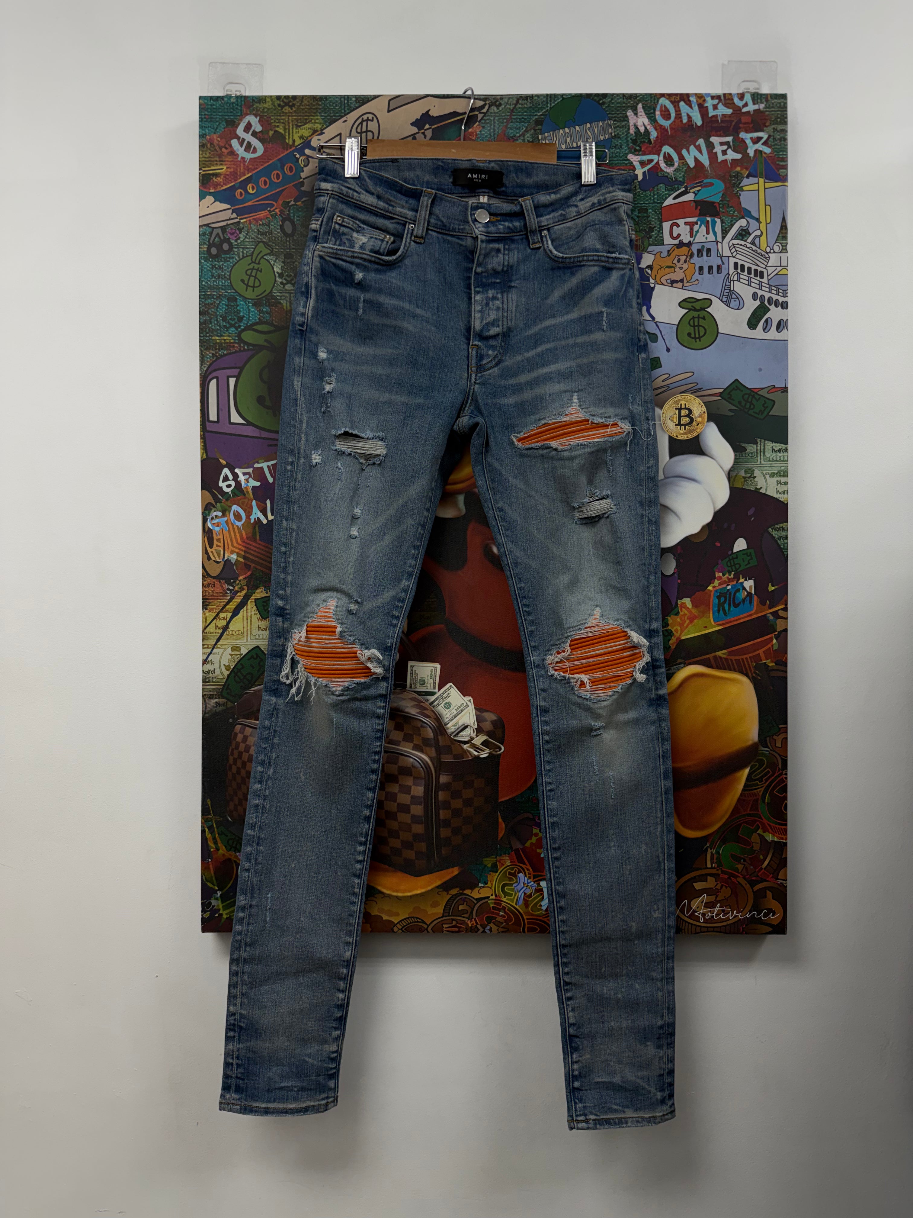 Amiri Light Wash Orange Suede Patch MX1 Jeans