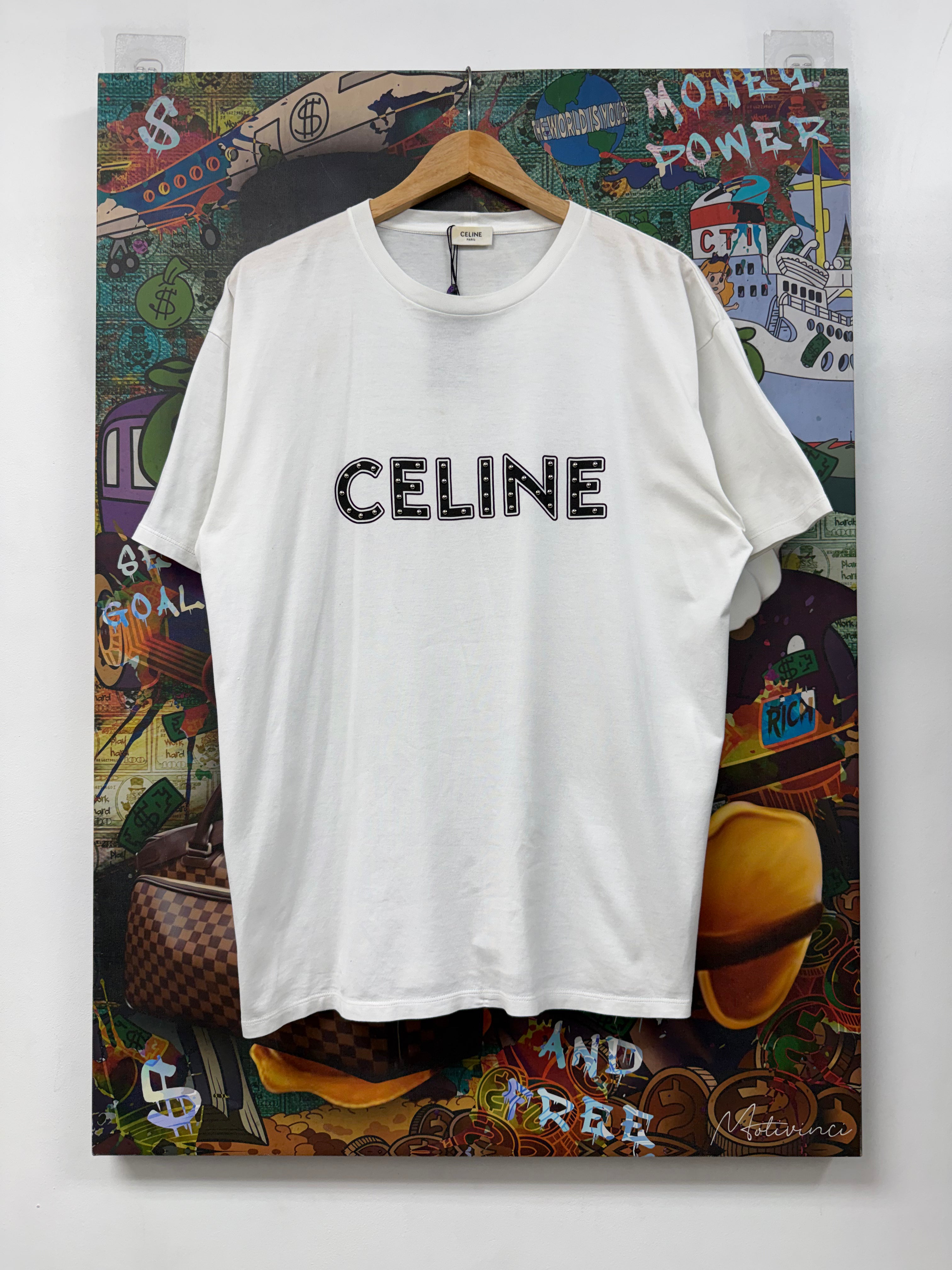 Celine Black White Studded Logo Tee