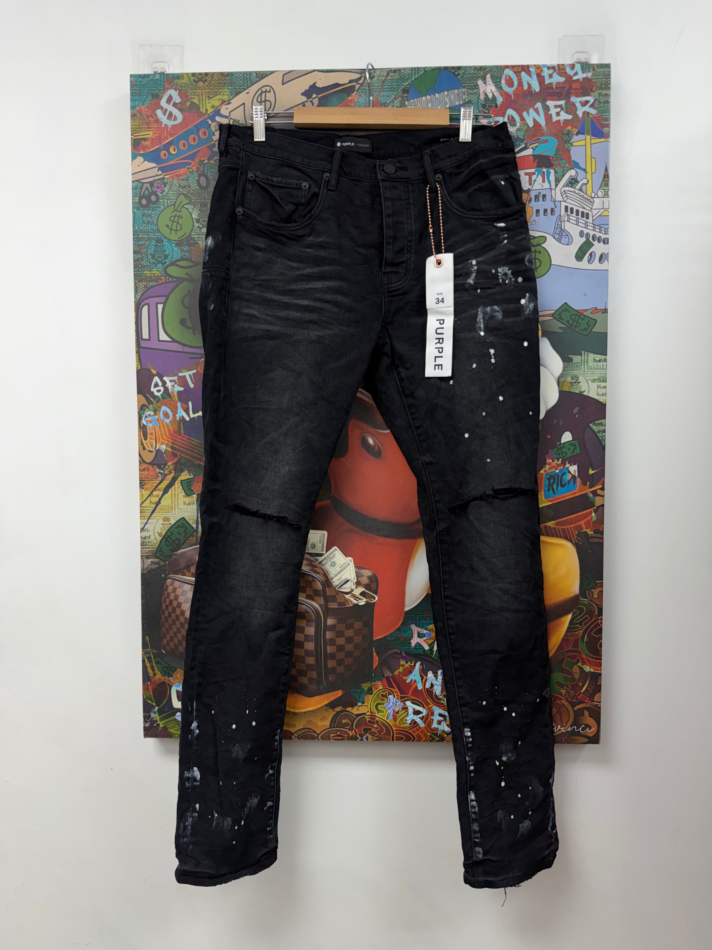 Purple Brand Black Wash White Splatter Knee Ripped Jeans