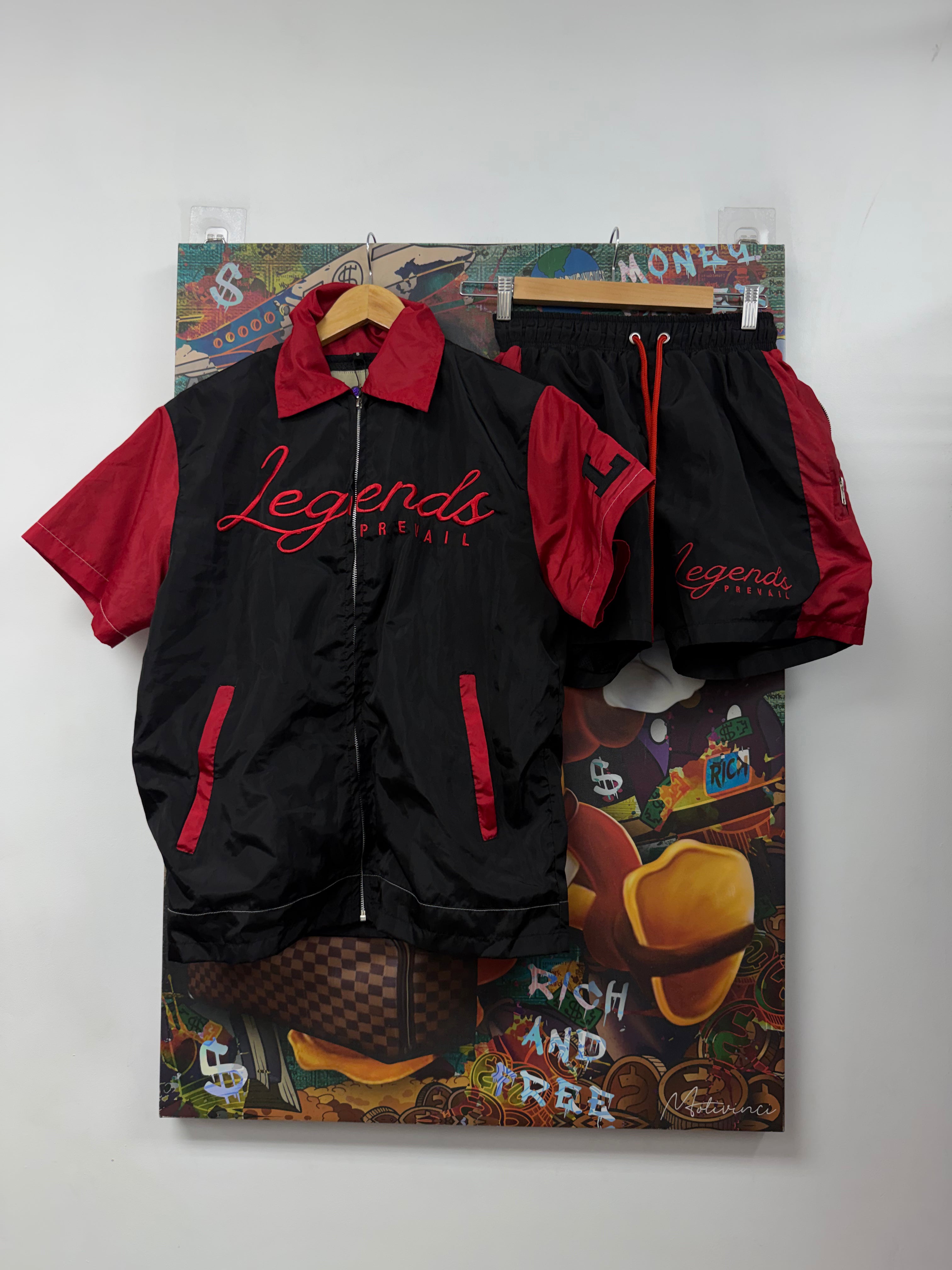 Prevail Black Red Nylon Shirt & Shorts Set