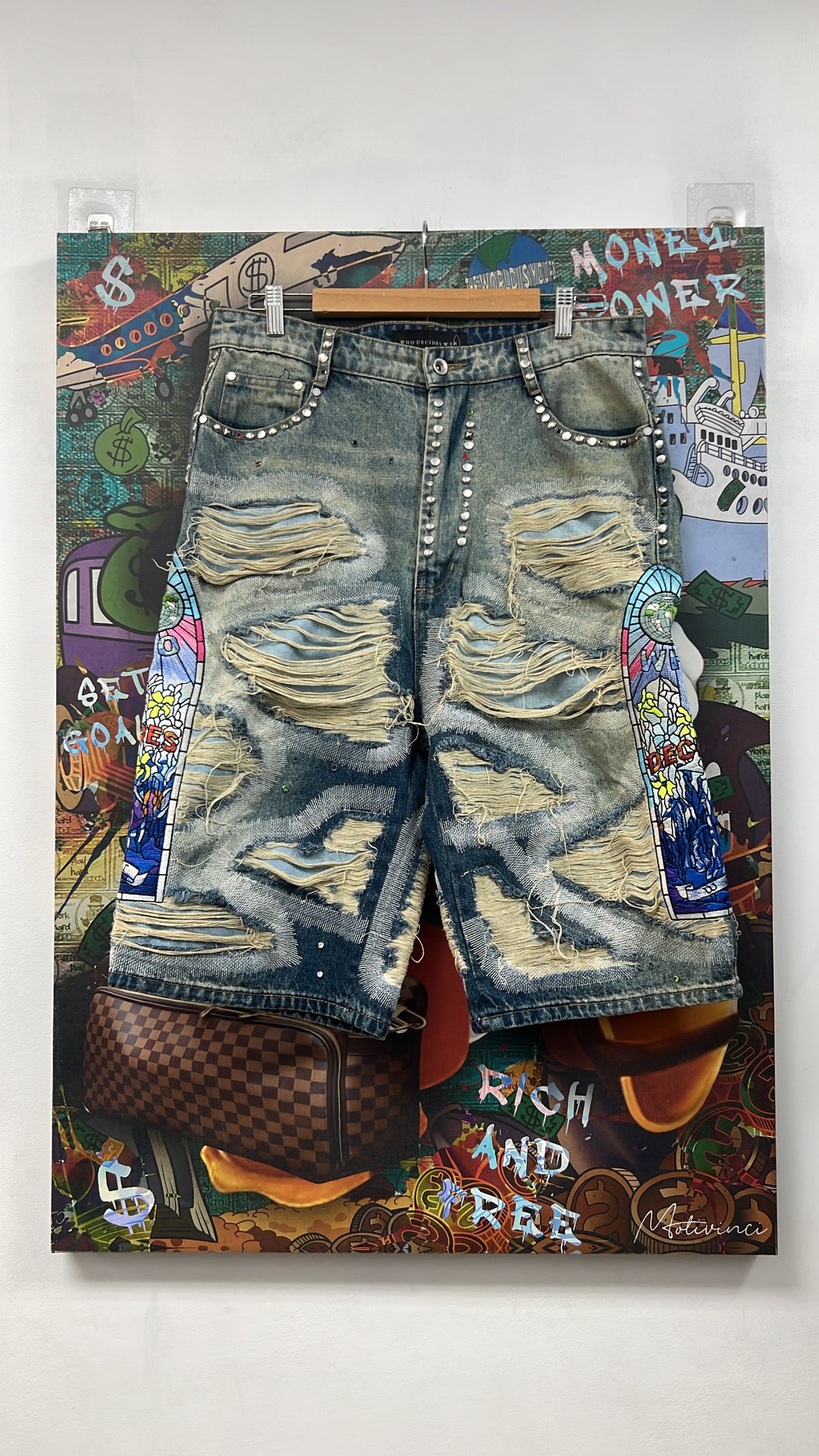 Who Decides War Light Wash Jewel Studded 3-4 Long Shorts