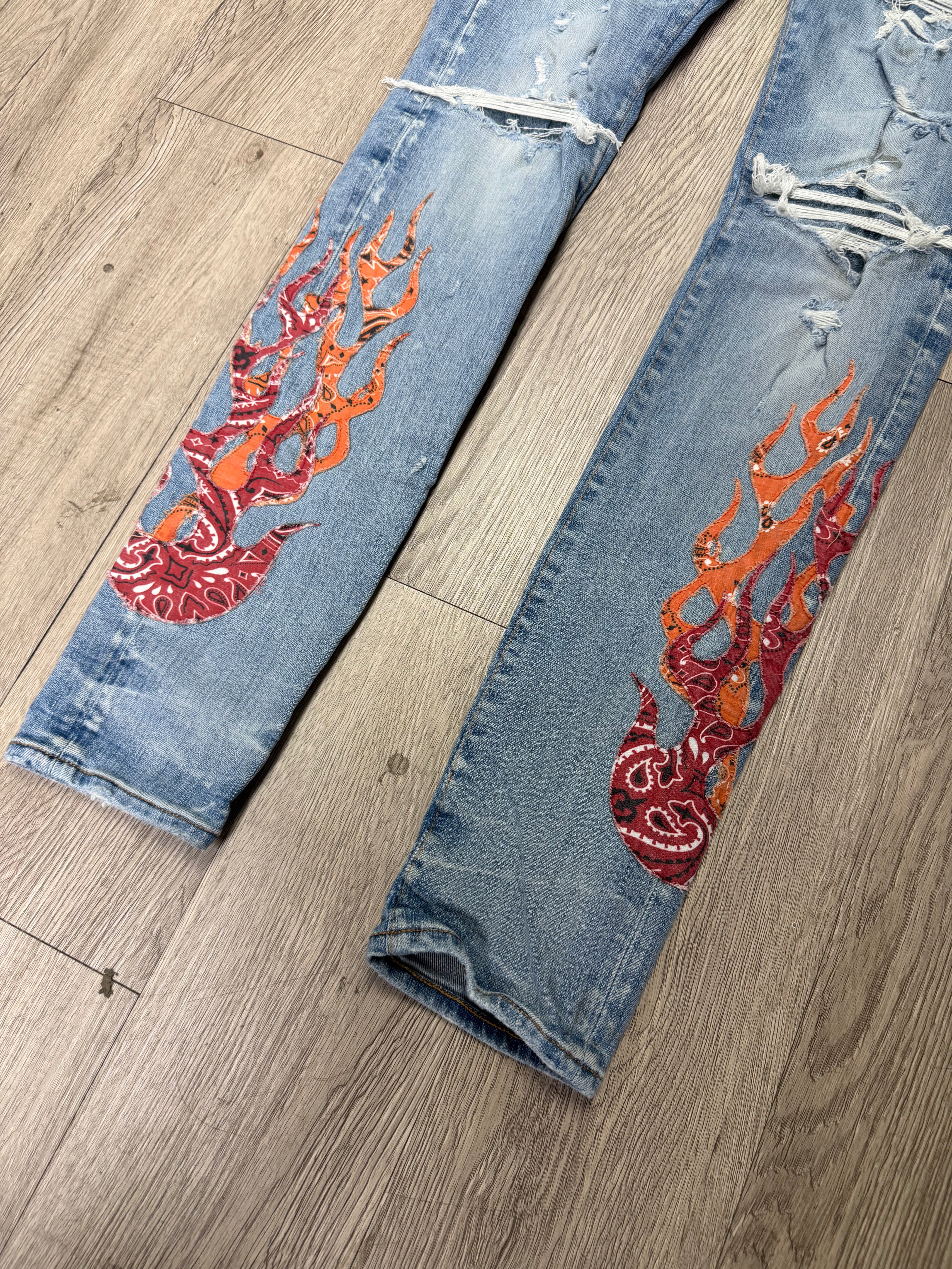 Amiri Light Wash Orange Red Bandana Flames Jeans