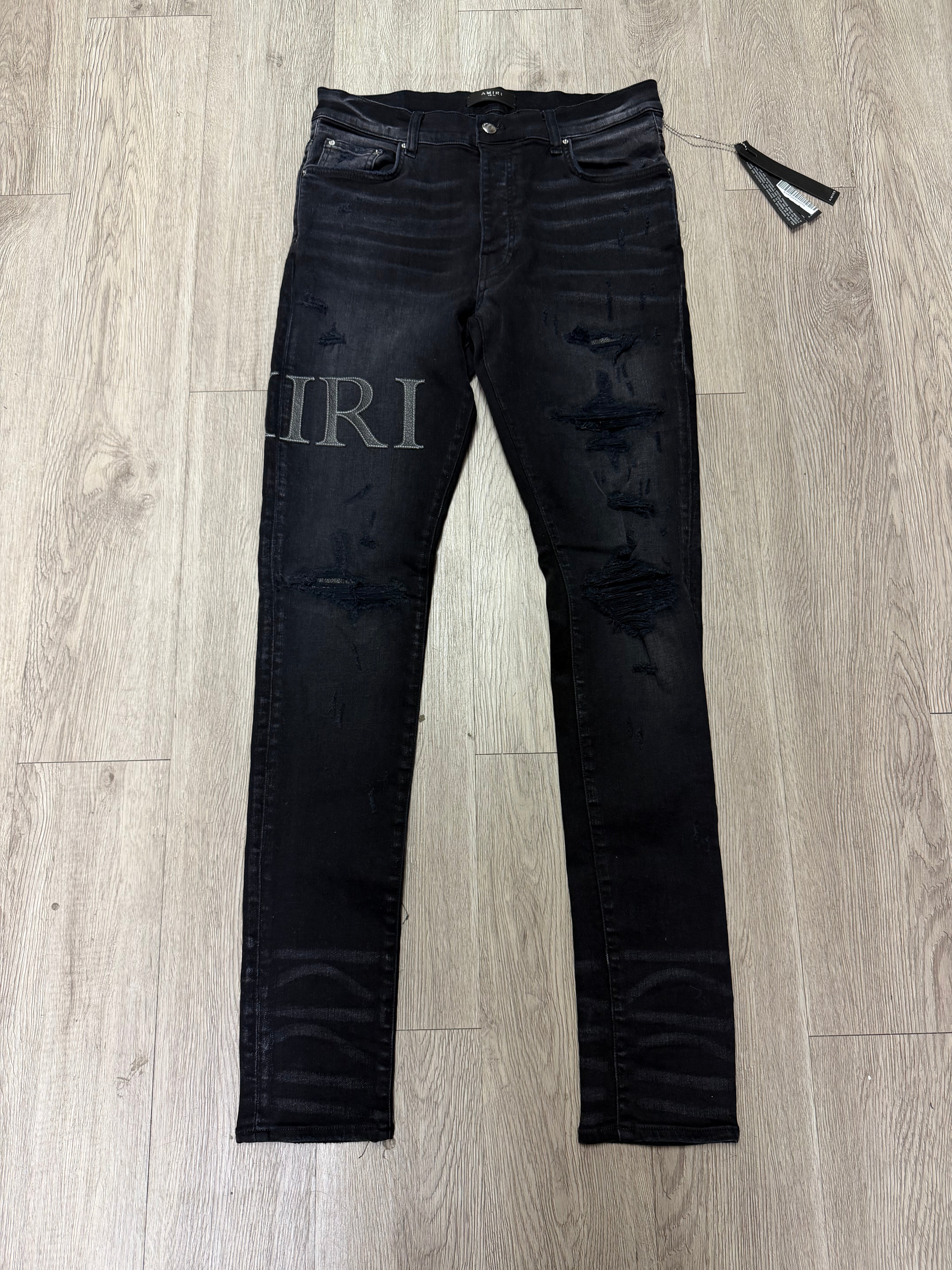 Amiri Black Leather Serif Logo Jeans