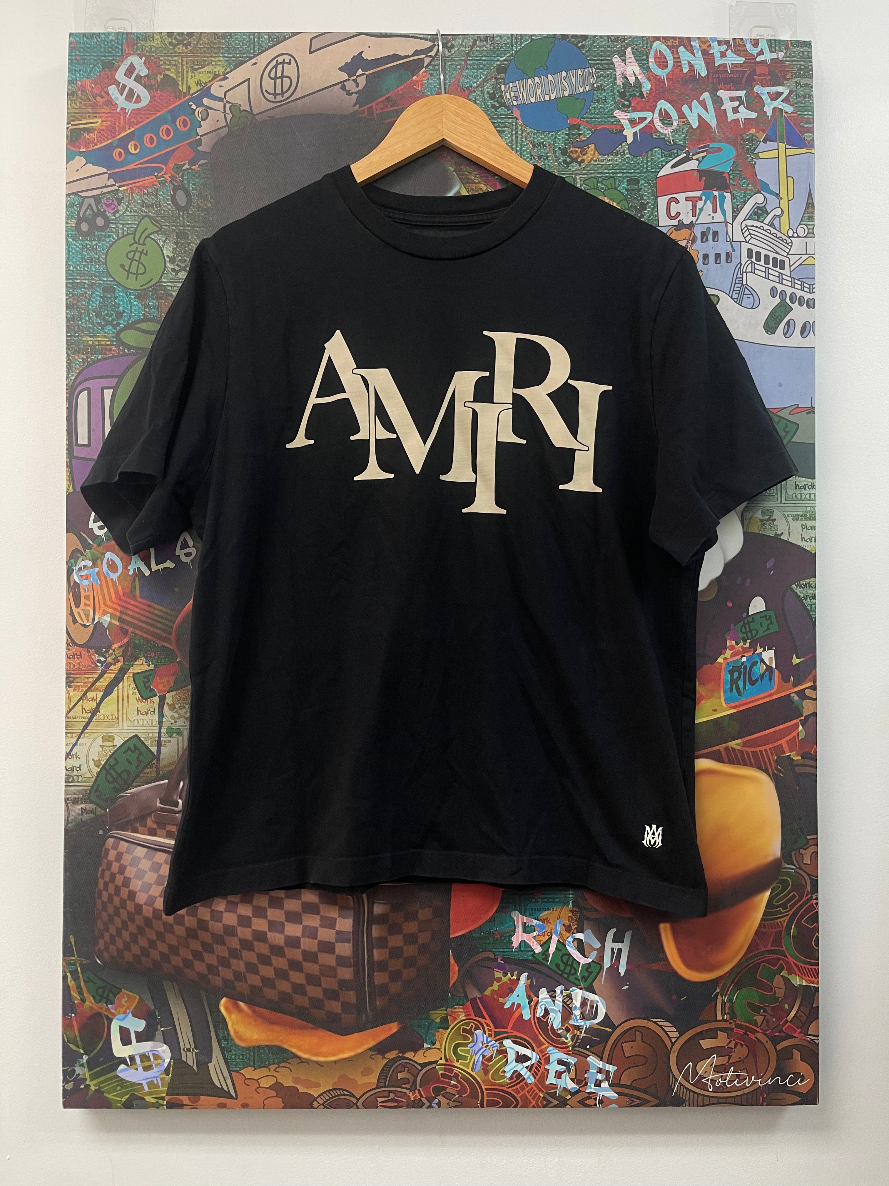 Amiri Black Cream Staggered Logo Tee