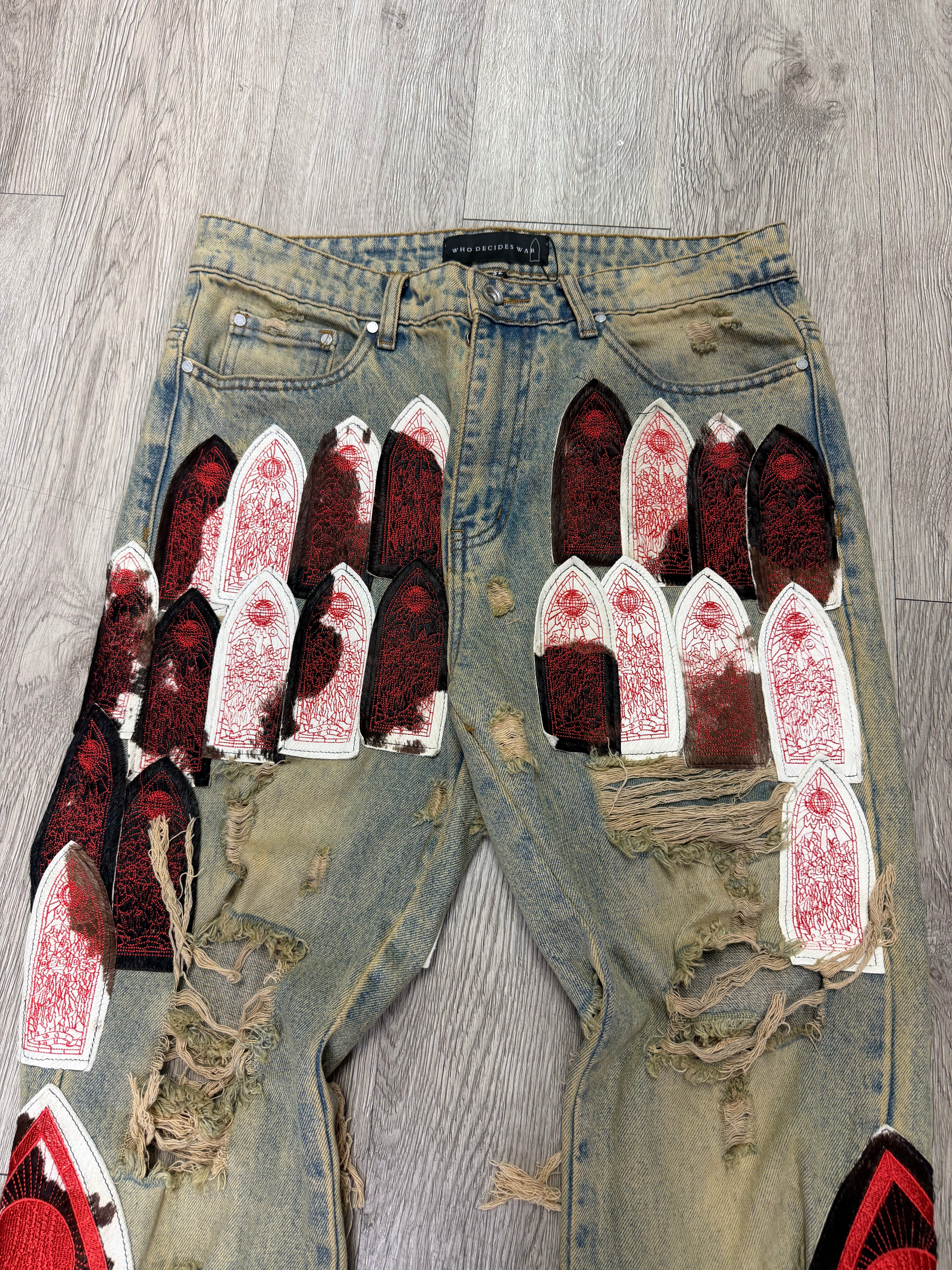 Who Decides War Aged Wash Red Cowhide Patch Jeans