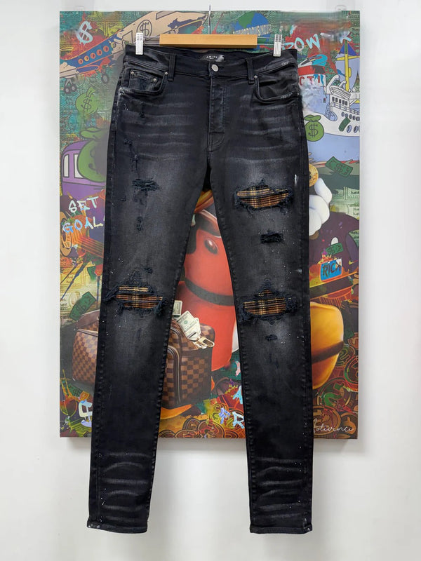 Amiri "MX1" Plaid Patch Black Wash & Brown Jeans