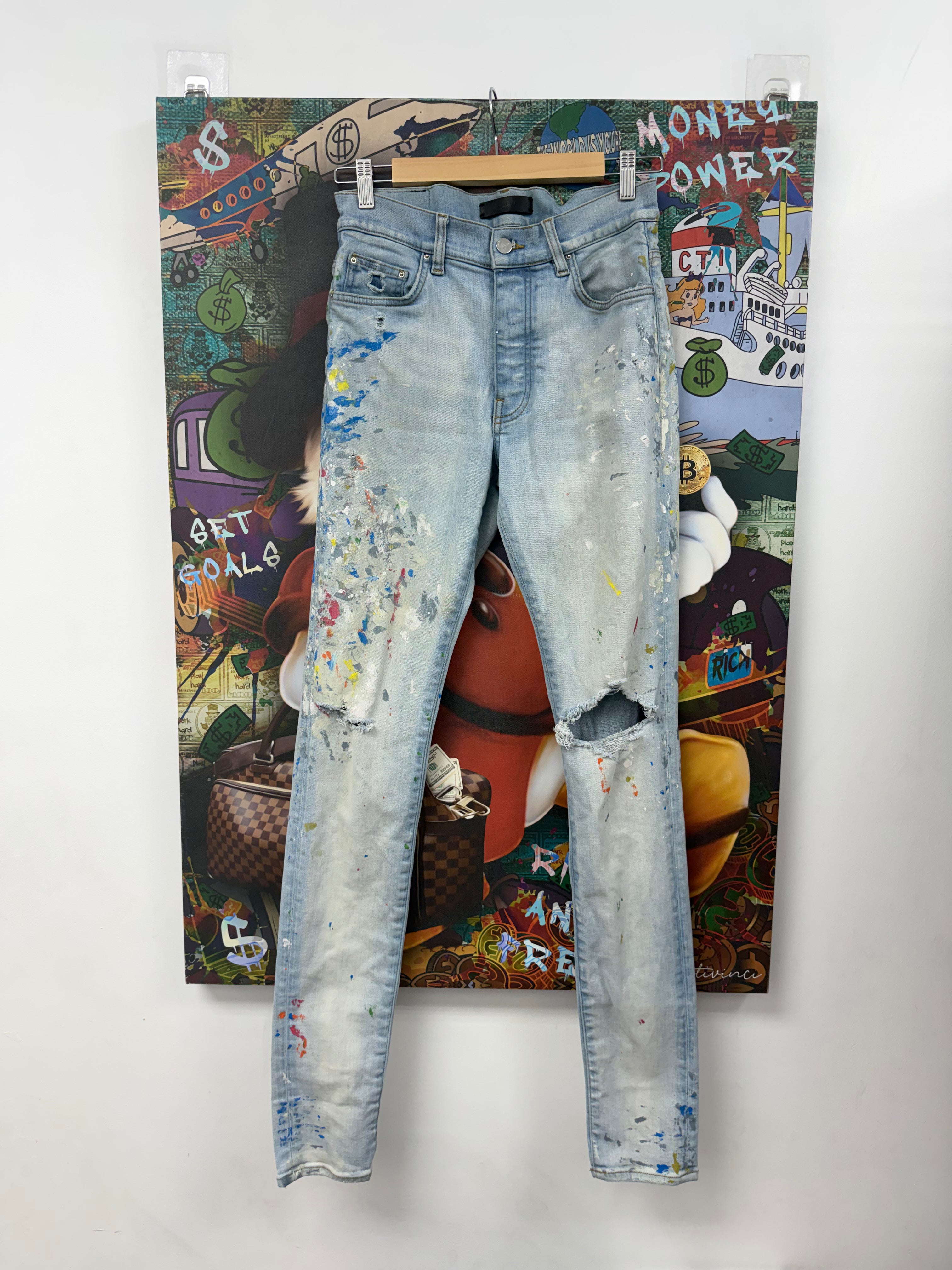 Amiri Light Wash Paint Splatter Thrasher Jeans
