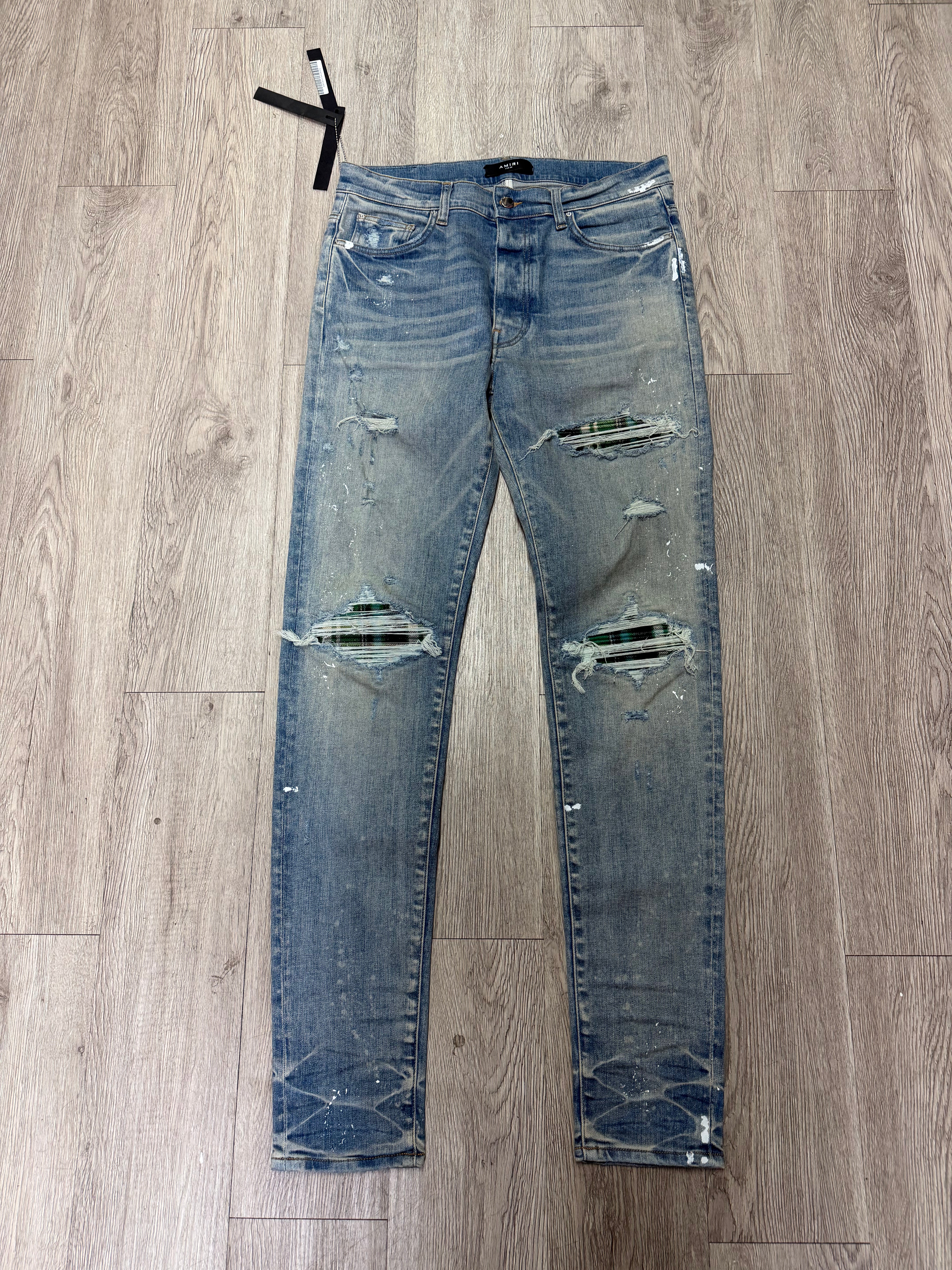 Amiri Light Wash Green Plaid Patch MX1 Jeans