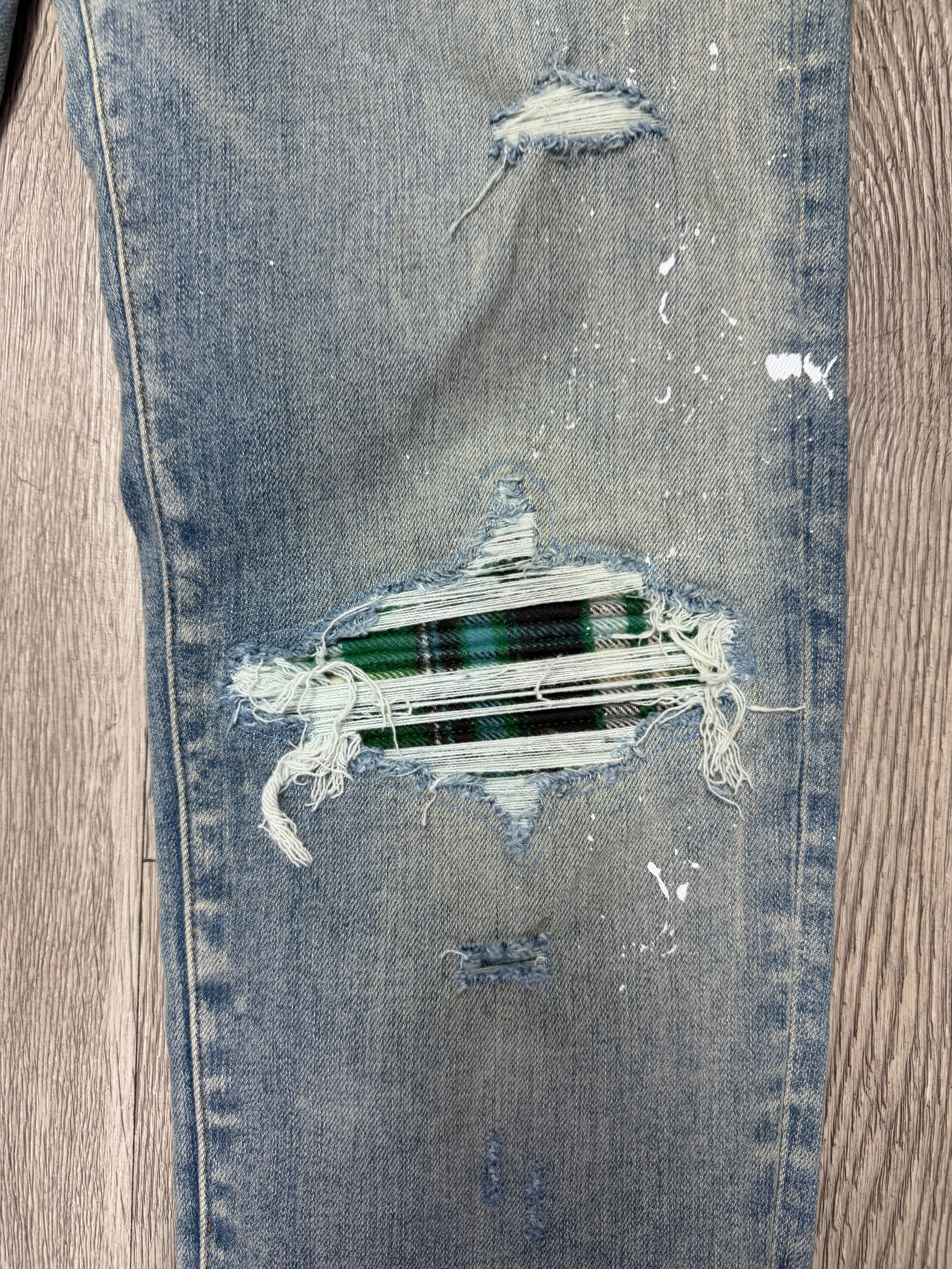 Amiri Light Wash Green Plaid Patch MX1 Jeans