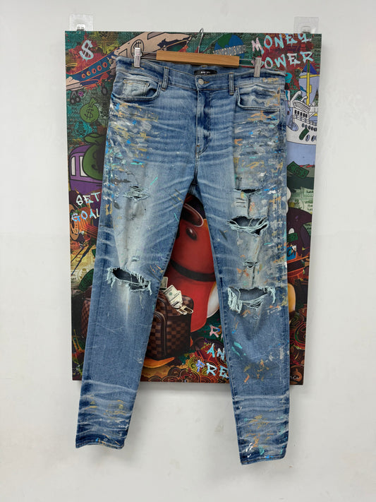 Amiri Plain Thrasher Light Wash Splatter Rip Used 38 N/A