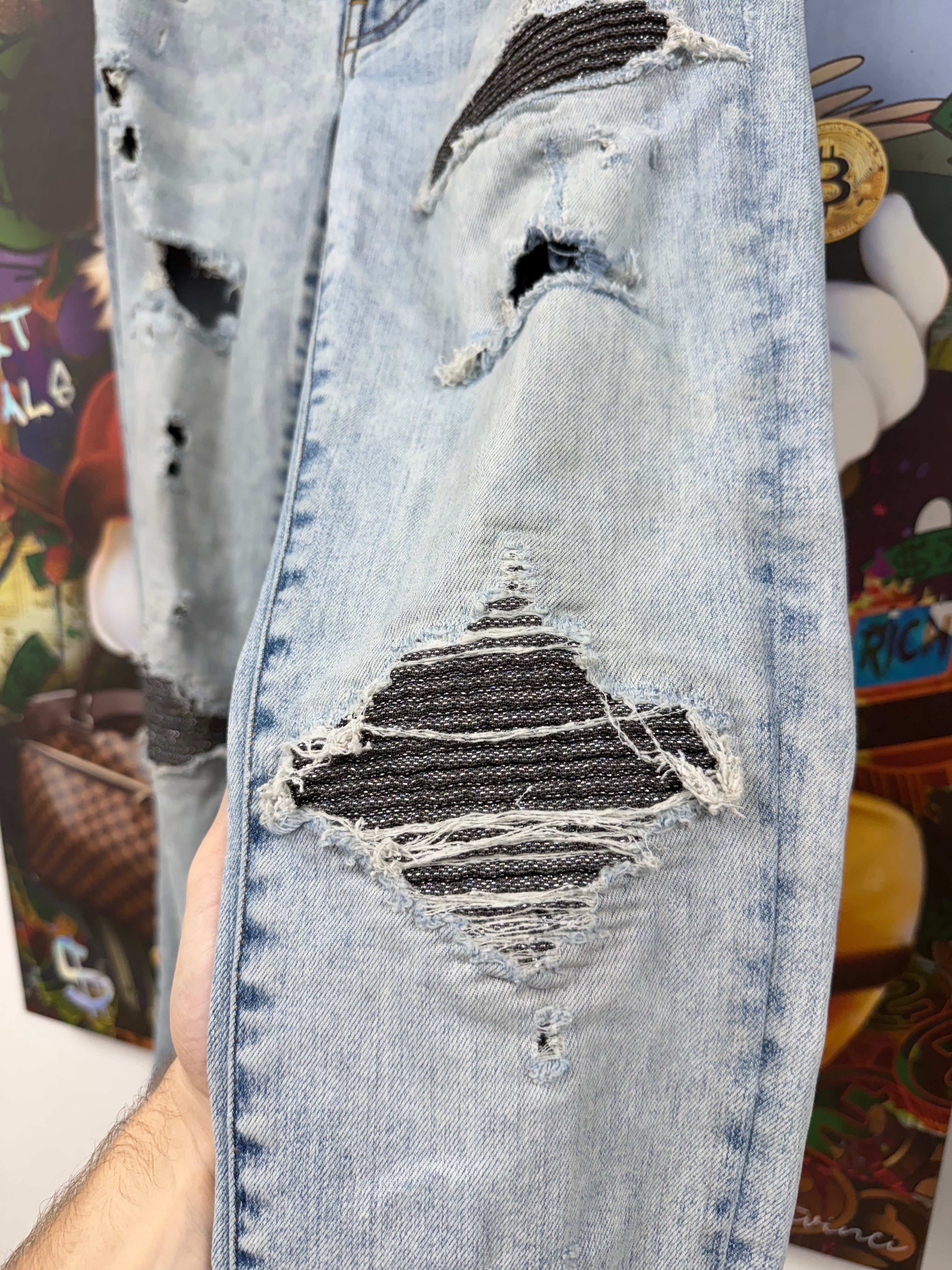 Amiri MX1 Light Wash Iridescent Patch Jeans