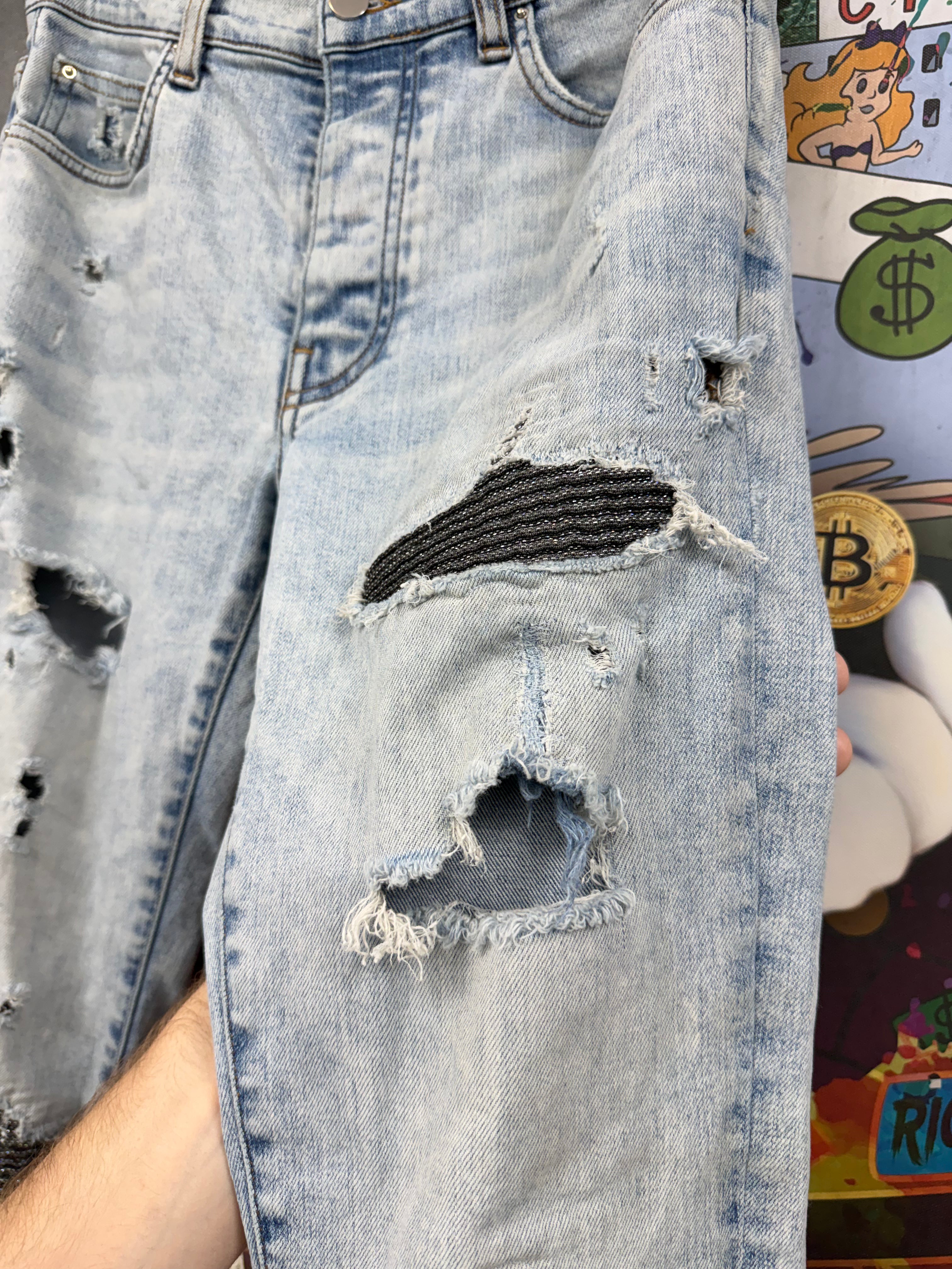 Amiri MX1 Light Wash Iridescent Patch Jeans