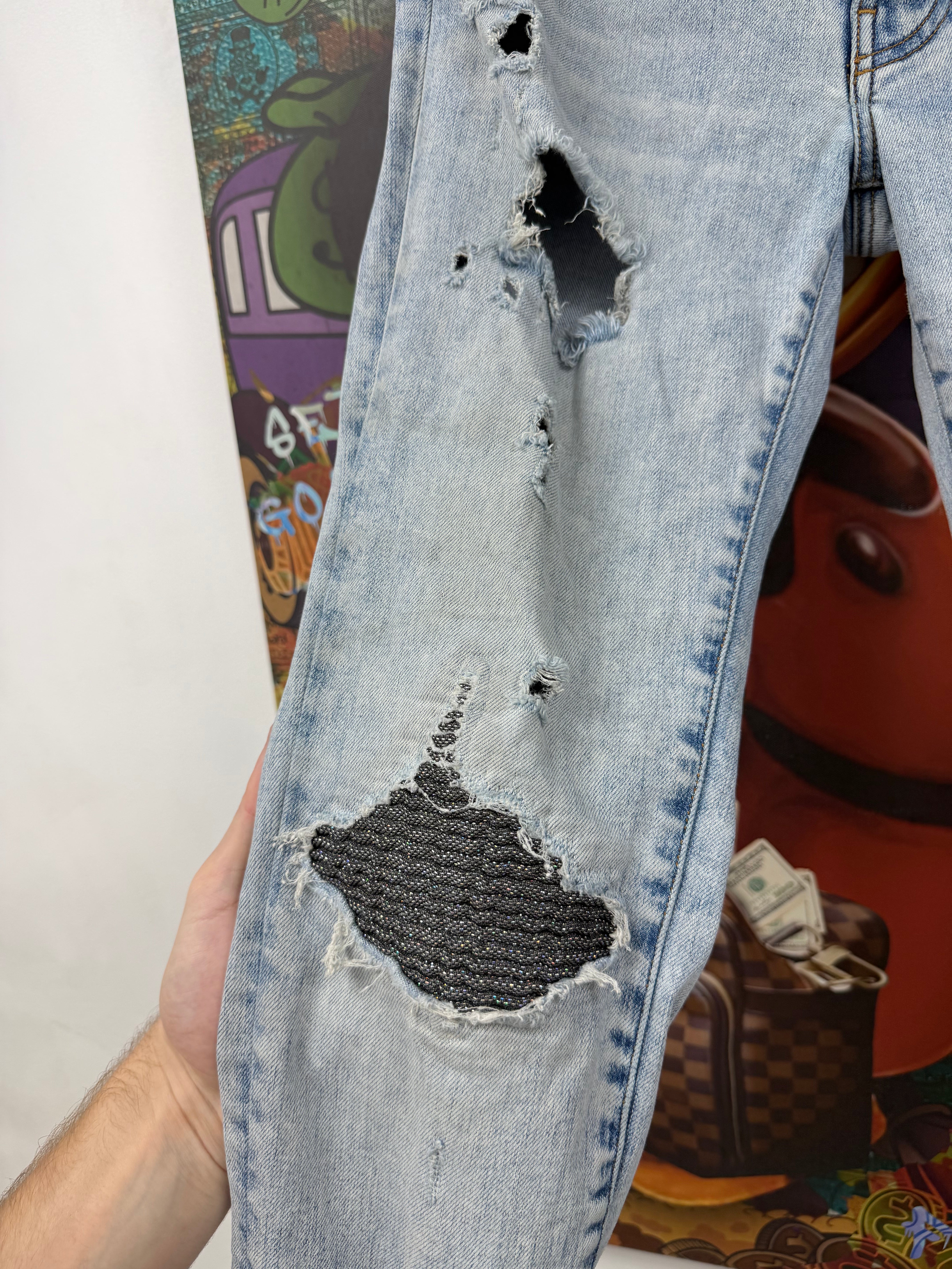 Amiri MX1 Light Wash Iridescent Patch Jeans