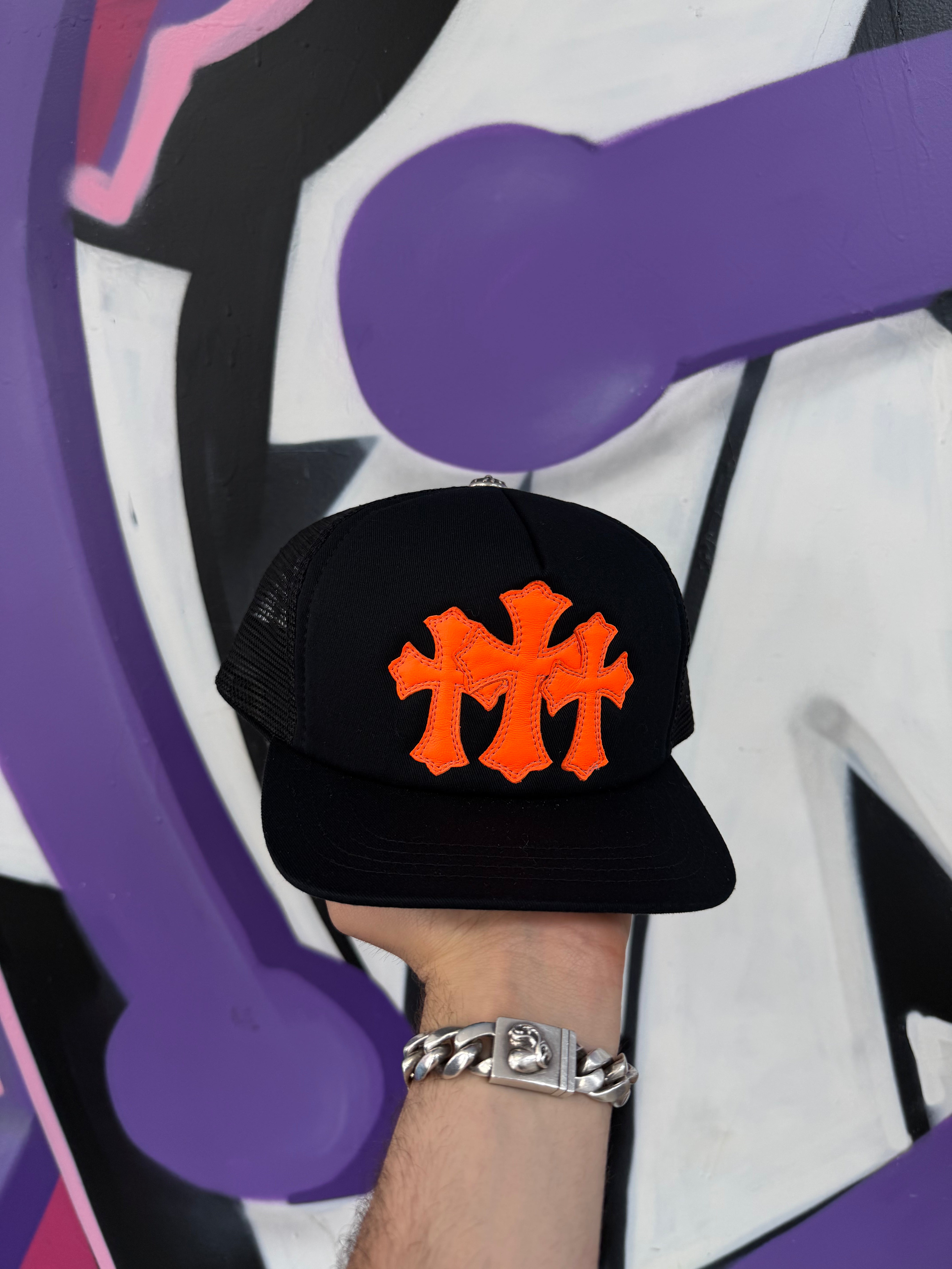 Chrome Hearts Black Orange Cemetery Trucker Cap