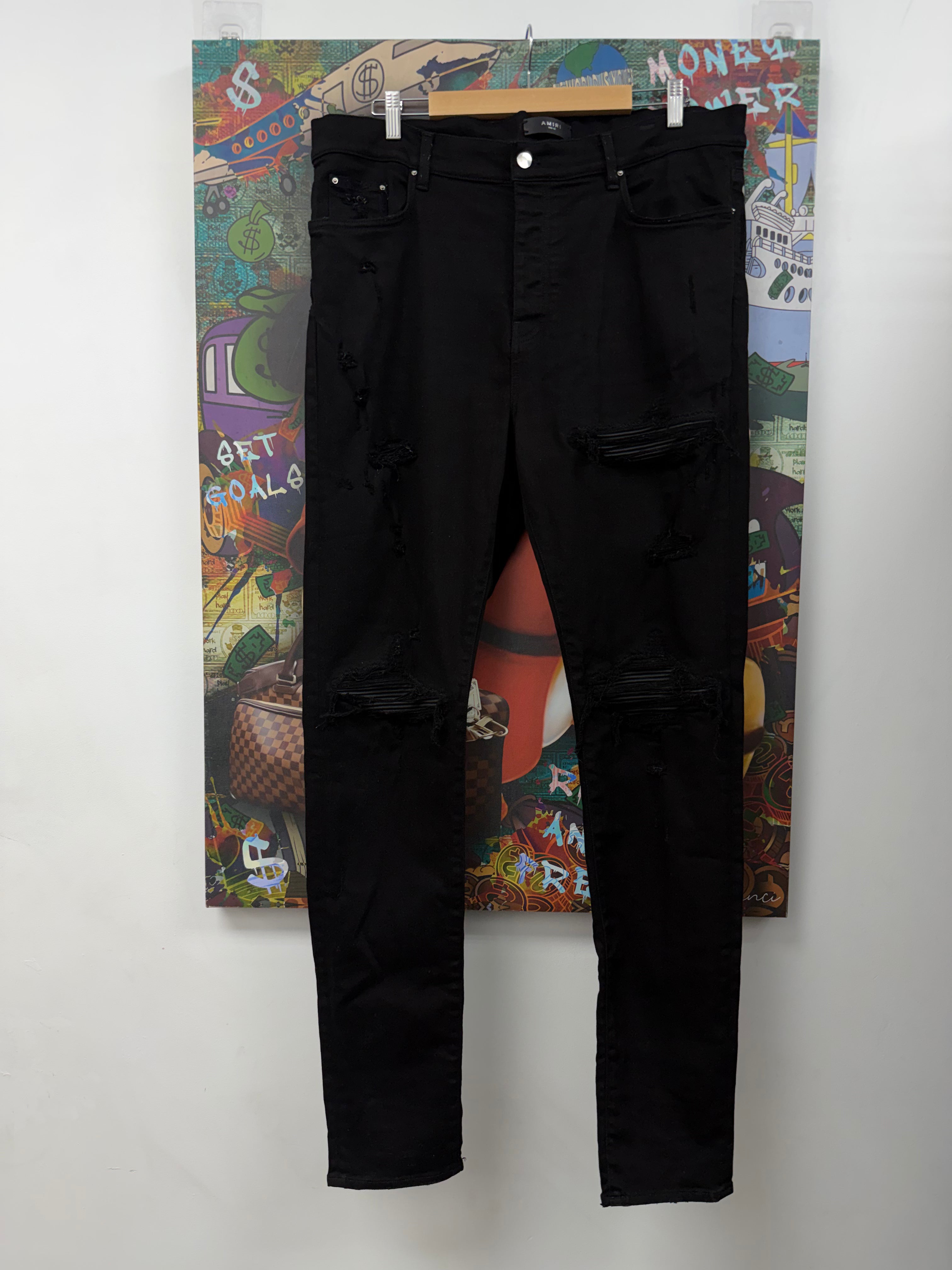 Amiri MX1 Black Black Leather Patch Jeans