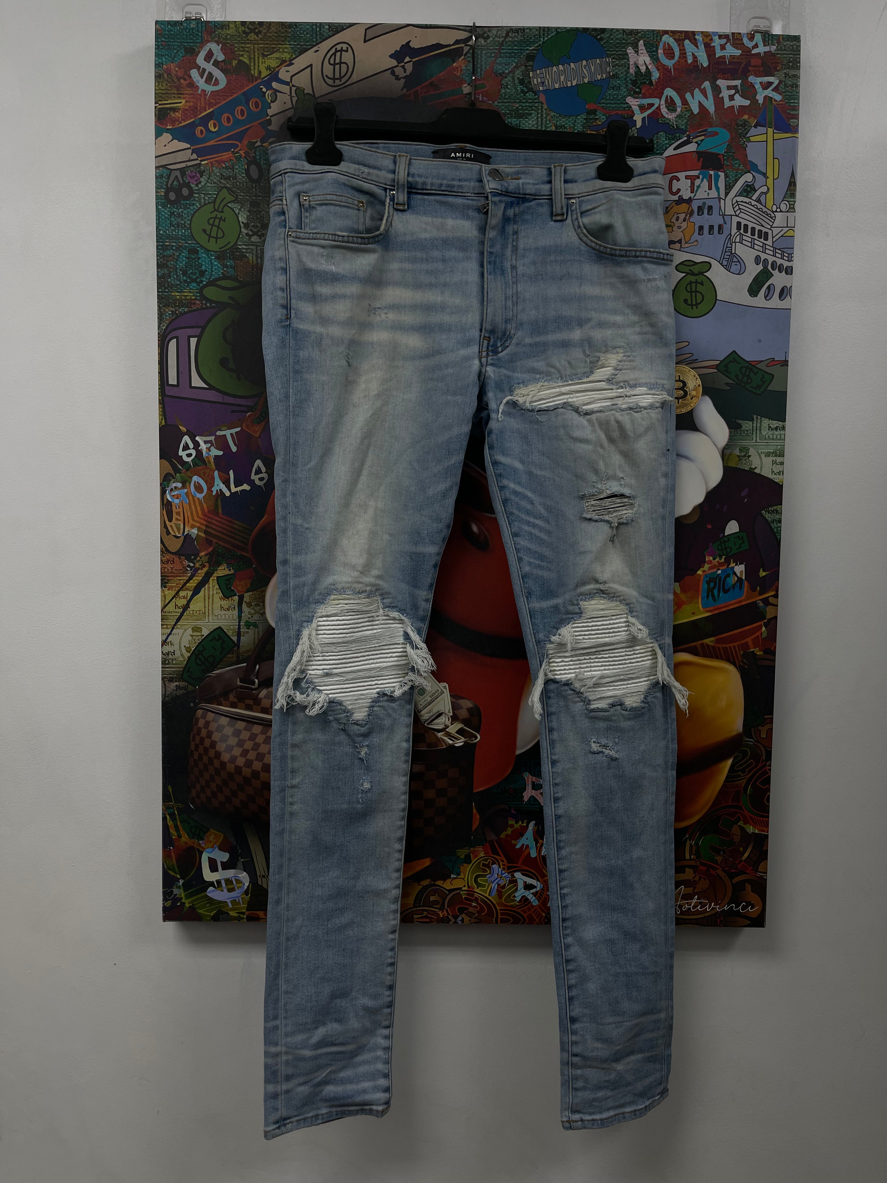 Amiri MX1 Light Wash White Leather Patch Jeans