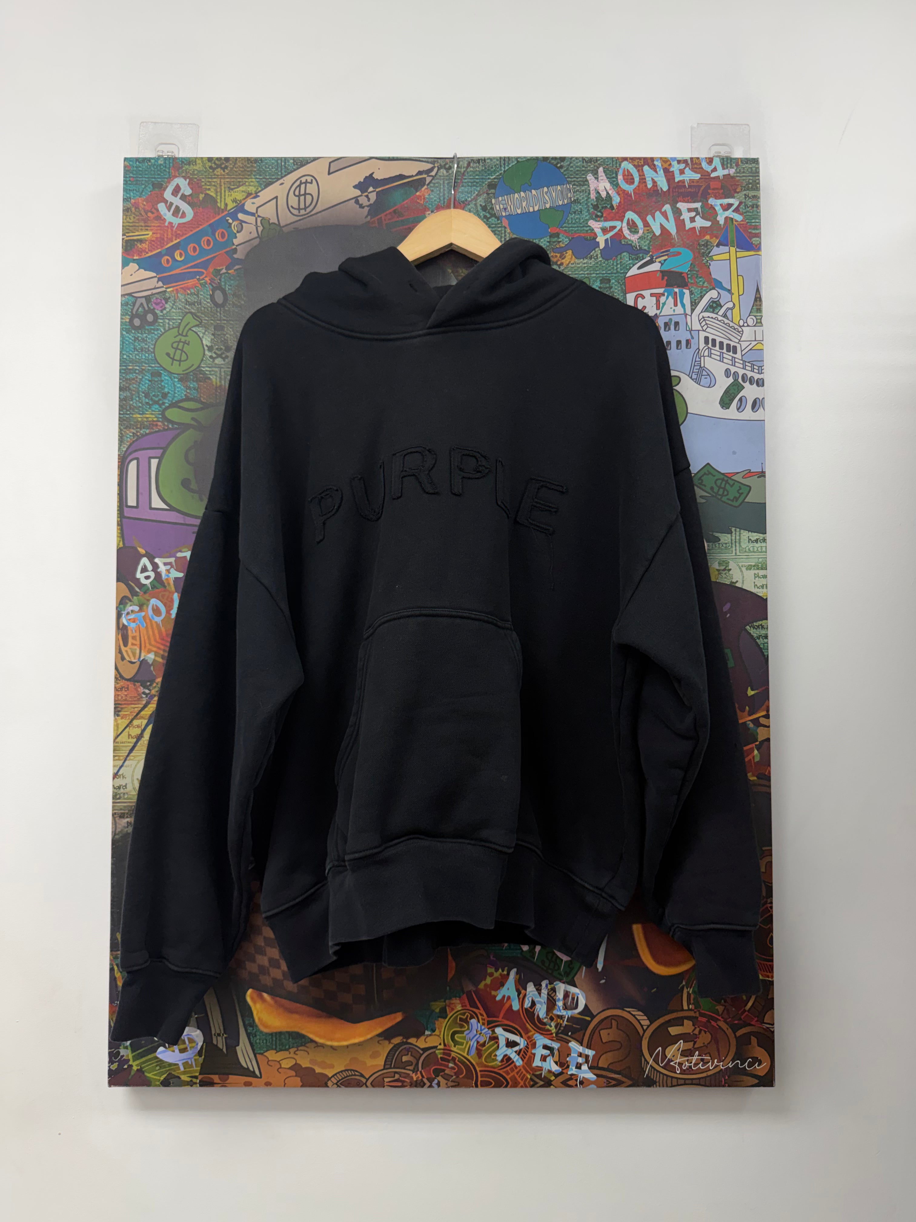 Purple Brand Black Black Stitched Logo Hoodie