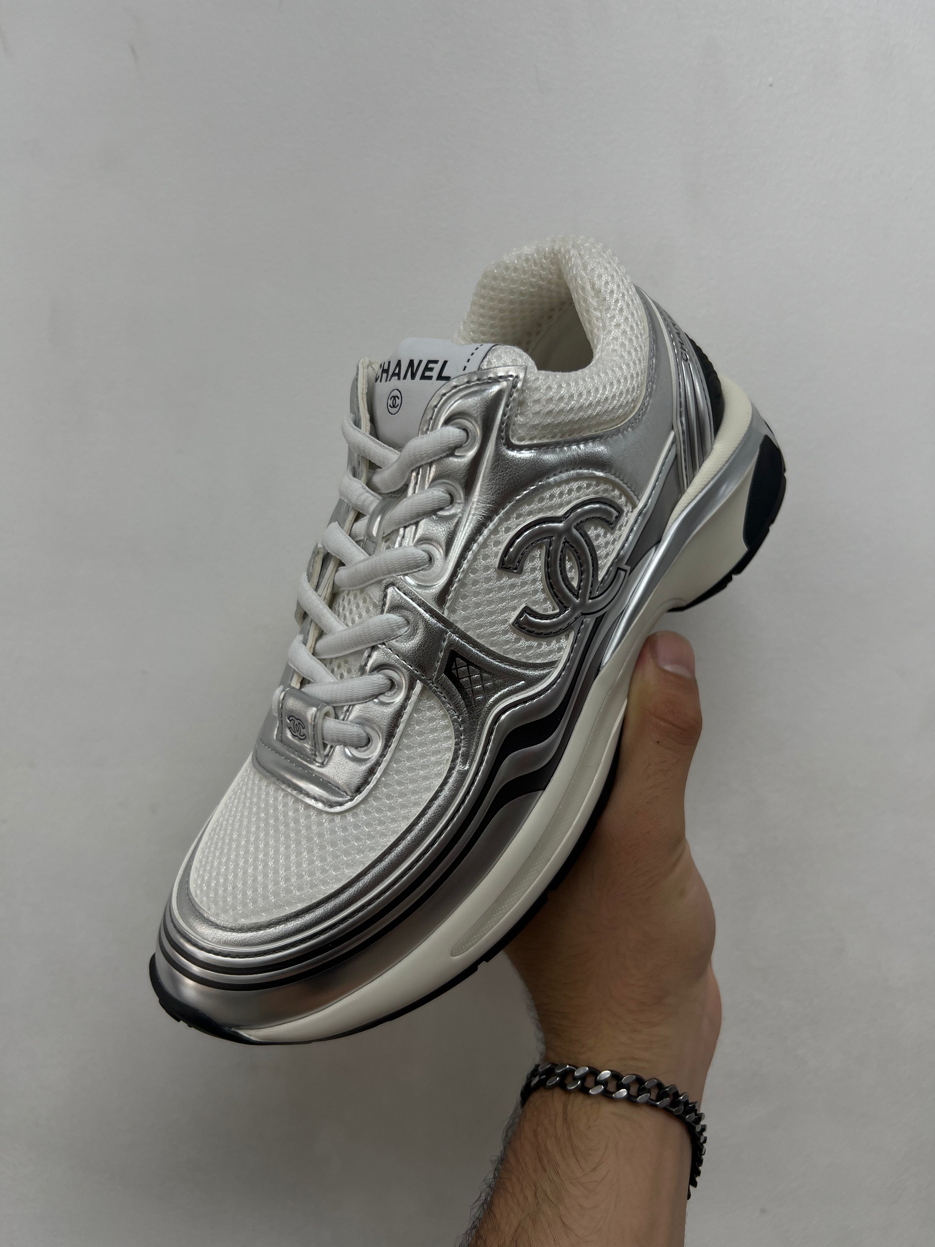 Chanel Silver CC Logo Runner Sneakers