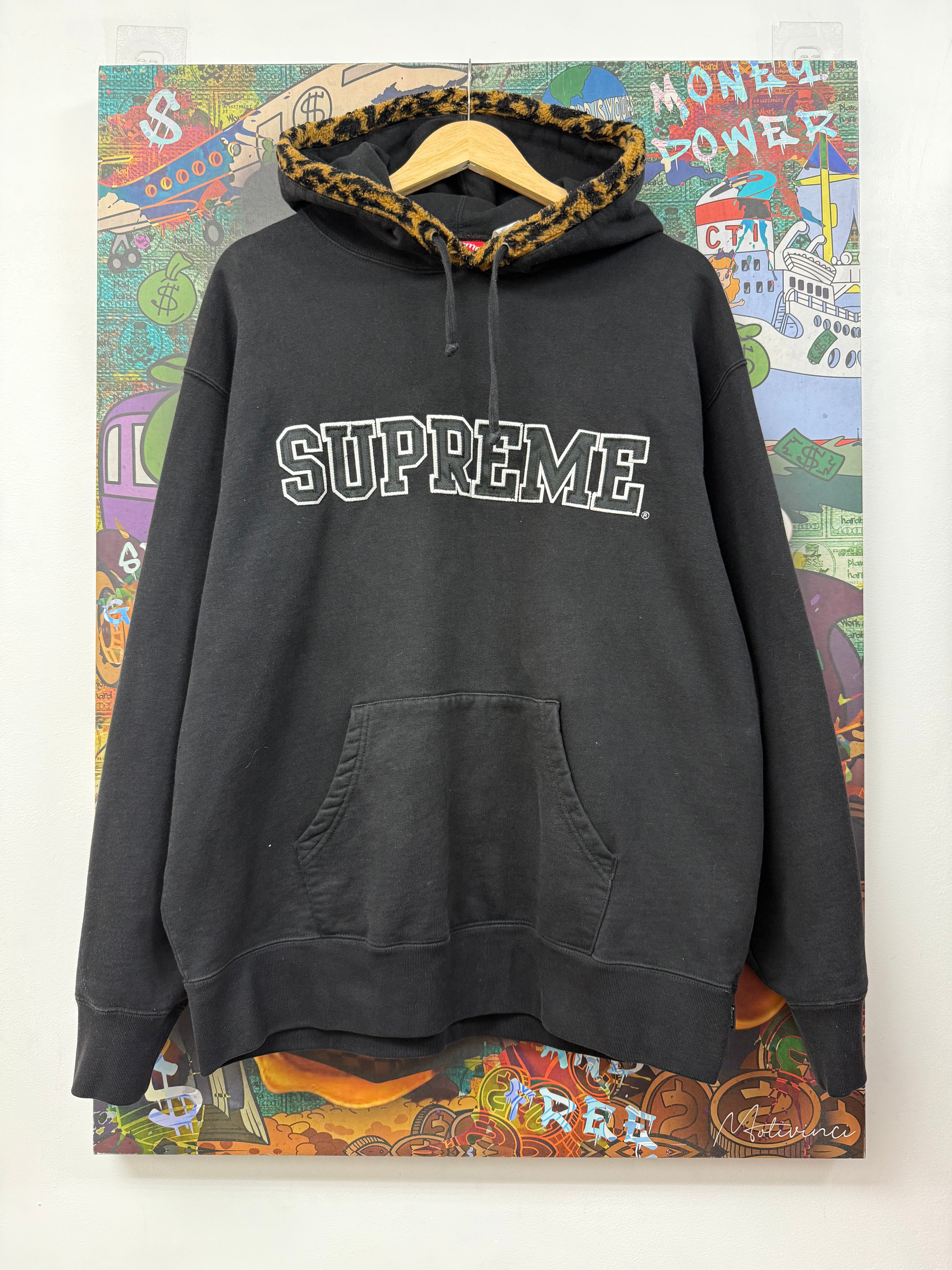 Supreme Black Chest Embroidered Logo Cheetah Hoodie