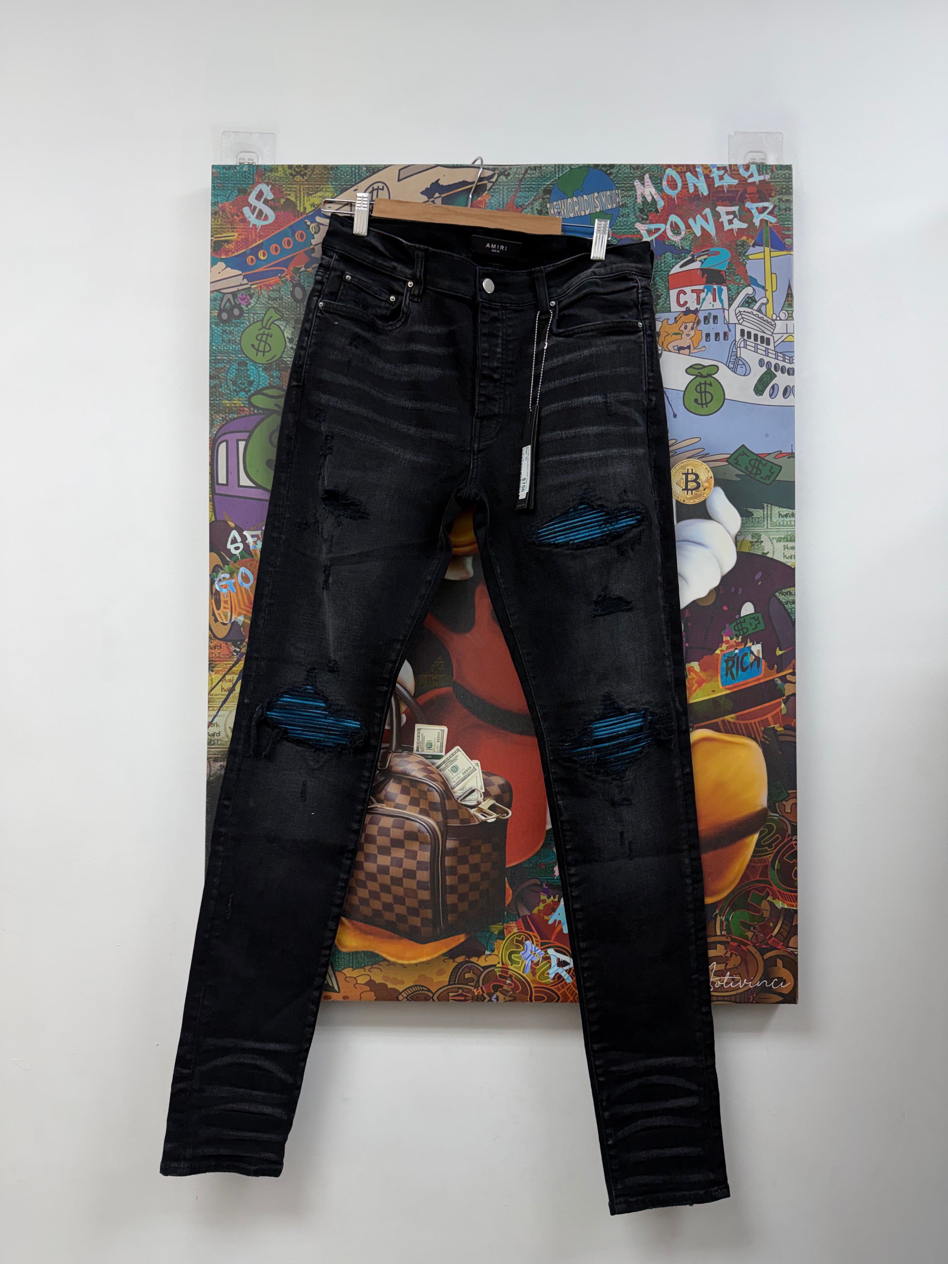 Amiri MX1 Black Blue Crackle Patch Jeans